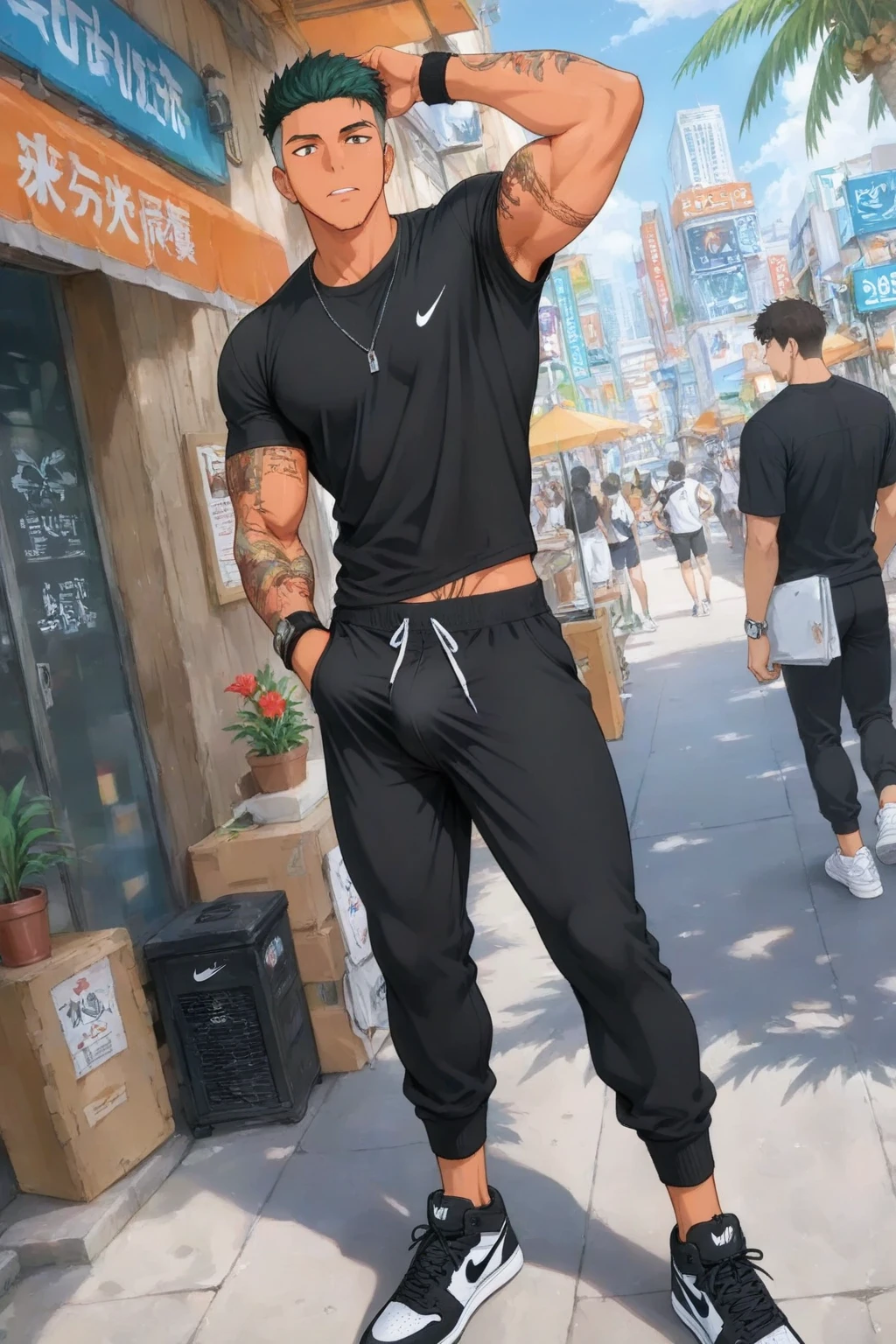 (((male gender))) "An ultra-detailed 8k masterpiece best quality and high saturation. The image features a clothing illustration with a stunning thick european Boy  wearing a tight sheer leggings outfit, including tight , F cup, white sneakers, and a blue background."