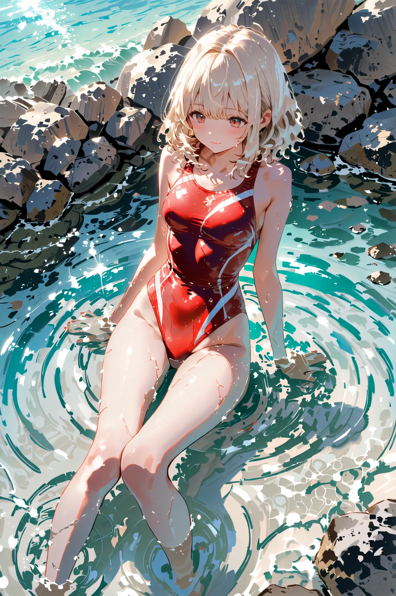 Random patterned swimsuit、,Swimsuit,Blushing、short hair、Pale red eyes、Light cream colored hair、Head to toe full body、Blushing、Embarrassed look、Composition from the front、A view from slightly below、school swimwear、Acme Face、Random pose、, 、nsfw、Highest quality、1 girl、solo、Ocean、Sandy Beach、Sexy pose、Random pose、Blushing、wet、Embarrassed、I can see half of my 、、One piece swimsuit、(Strap slip:1.3)、