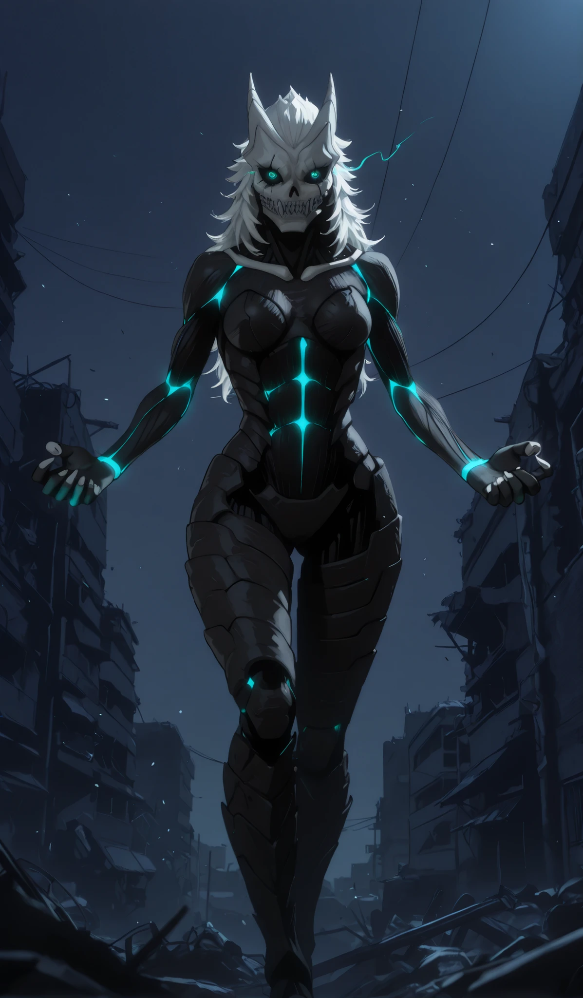 masterpiece, best quality, very aesthetic, absurdres, (masterpiece:1.35), (very aesthetic, best quality:1.3), highly detailed, volumetric lighting, absurdres, dramatic lighting, hyperdetailed realism, addmicrodetails, realistic 3d artstyle, detailed shading, female focus, solo, 3d anime style, detailed eyes, detailed shadows, female focus, smooth masterpiece, wide angle, scene
Colored skin, black skin,
Outdoors, dark background, sharp detail, morning, moonlit, soft, RTX, destroyed city, ruins, cool lighting, cool color,
1girl, young woman, petite, (slender), (very narrow waist), fit, white hair, realistic hair, wild hair, long hair, hair back, frizzy hair, attractive, white nails, eyelashes, skindentations, hip_indentations, tired eyes,
Dynamic pose, standing, kafkakaiju, glowing, glowing eyes, horns, sharp teeth, armor, aqua eyes, athletic female, neon trim, black sclera, kaiju number 8, kaiju style, kaijuno8, skull mask, monster female character