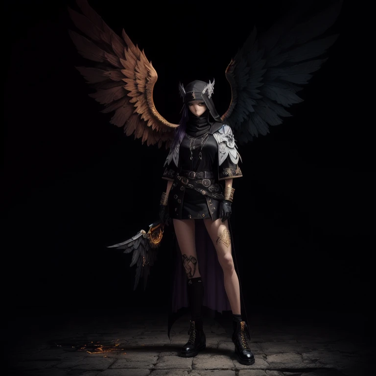 Dark harlequin with light hair and raven wings stands against the moon , Punk style