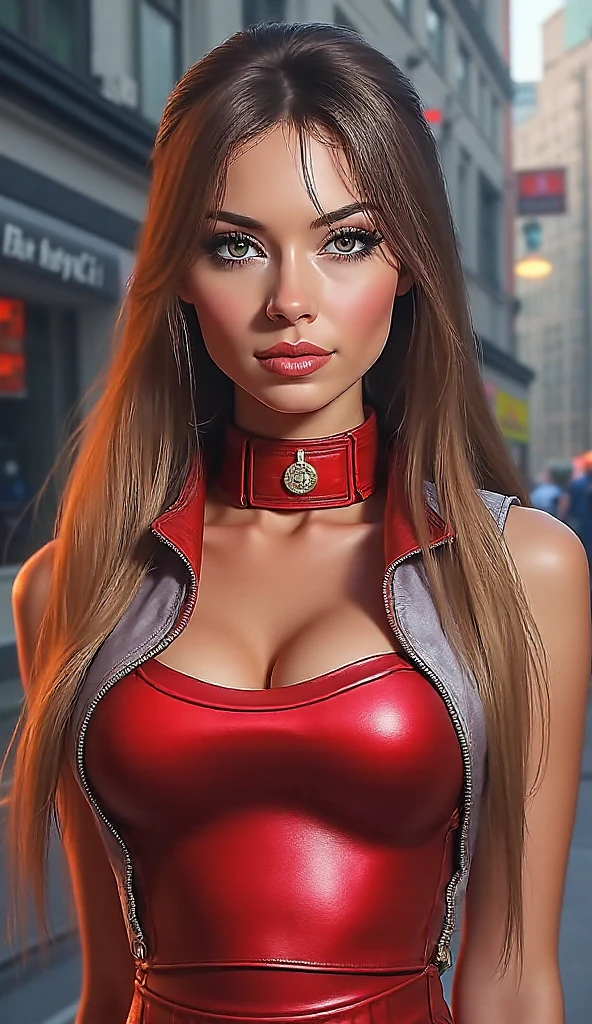 (best quality,ultra-detailed,photo-realistic:1.37),bright and vibrant colors,studio lighting,playful expression,stylish makeup, Red Leather Vest, hair flowing in the wind,alluring eyes,glossy lips,sexy pose, smiling in a confident and seductive way,posing for a professional photoshoot,shallow depth of field,highlighting the main subject,soft natural lighting,creating a dreamy and magical atmosphere.