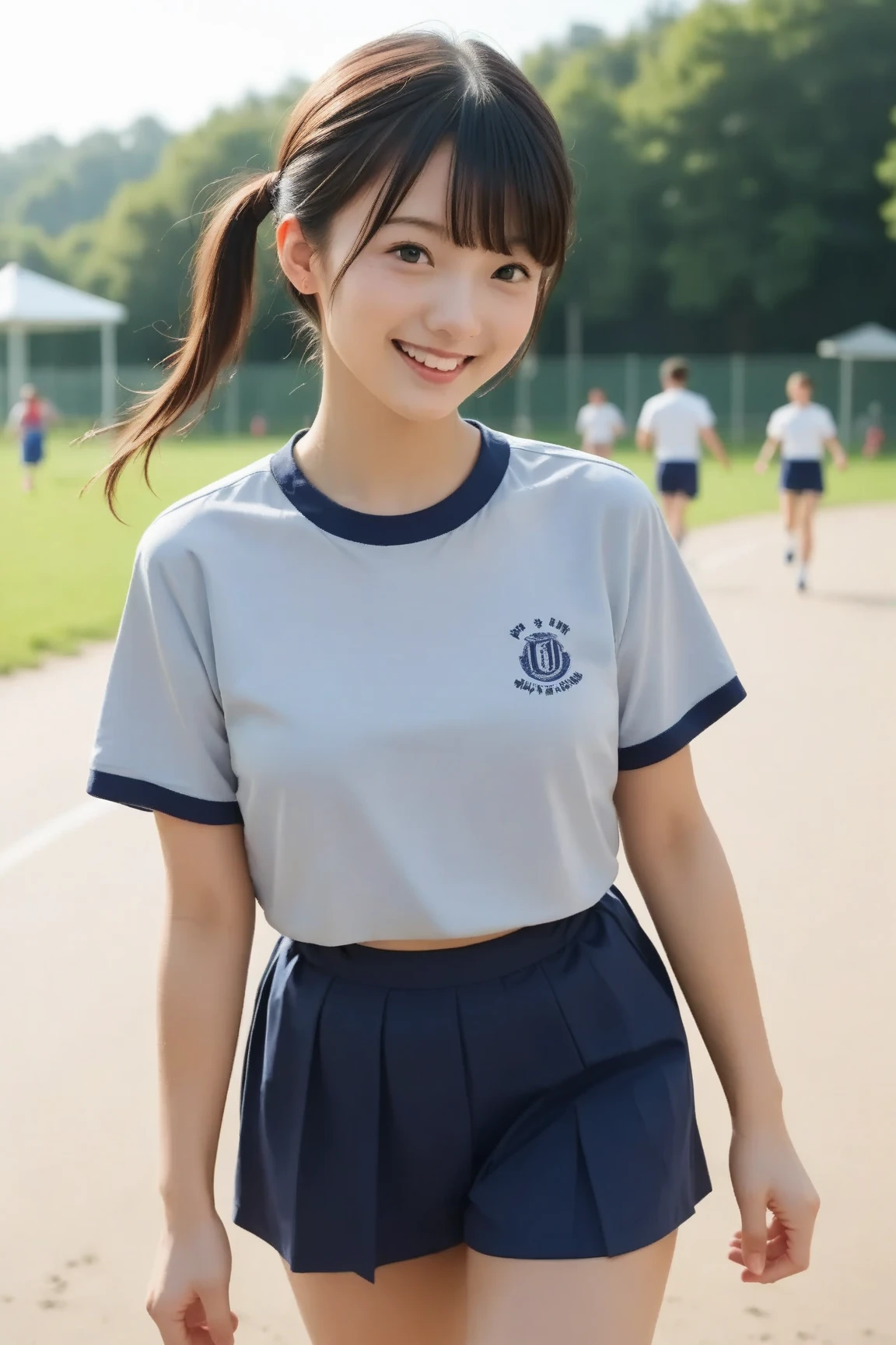 (8K、Raw photography、highest quality、masterpiece:1.2),(black haired、very short hair:1.9),show viewer,Looking at the front,erotic,white skin,(wearing a blue and white soccer uniform:1.6)、(Clothing that emphasizes the shape of your chest、Exposing the skin:1.7)、(big :1.6)、slim body shape、ultra high resolution,beautiful,beautiful fece,(alone, alone、no background:1.9),whole bodyボディー,japanese woman,(Photoreal:1.37)、photon mapping,reality、(Cute with a baby face: 0.6)、(cute smile: 1.7)、(With a round face: 1.8)、radio city、Physically based rendering、depth of field rally background、photograph, (I can see your knees,close up of thighs、Too short pants:1.5),whole body、super fine