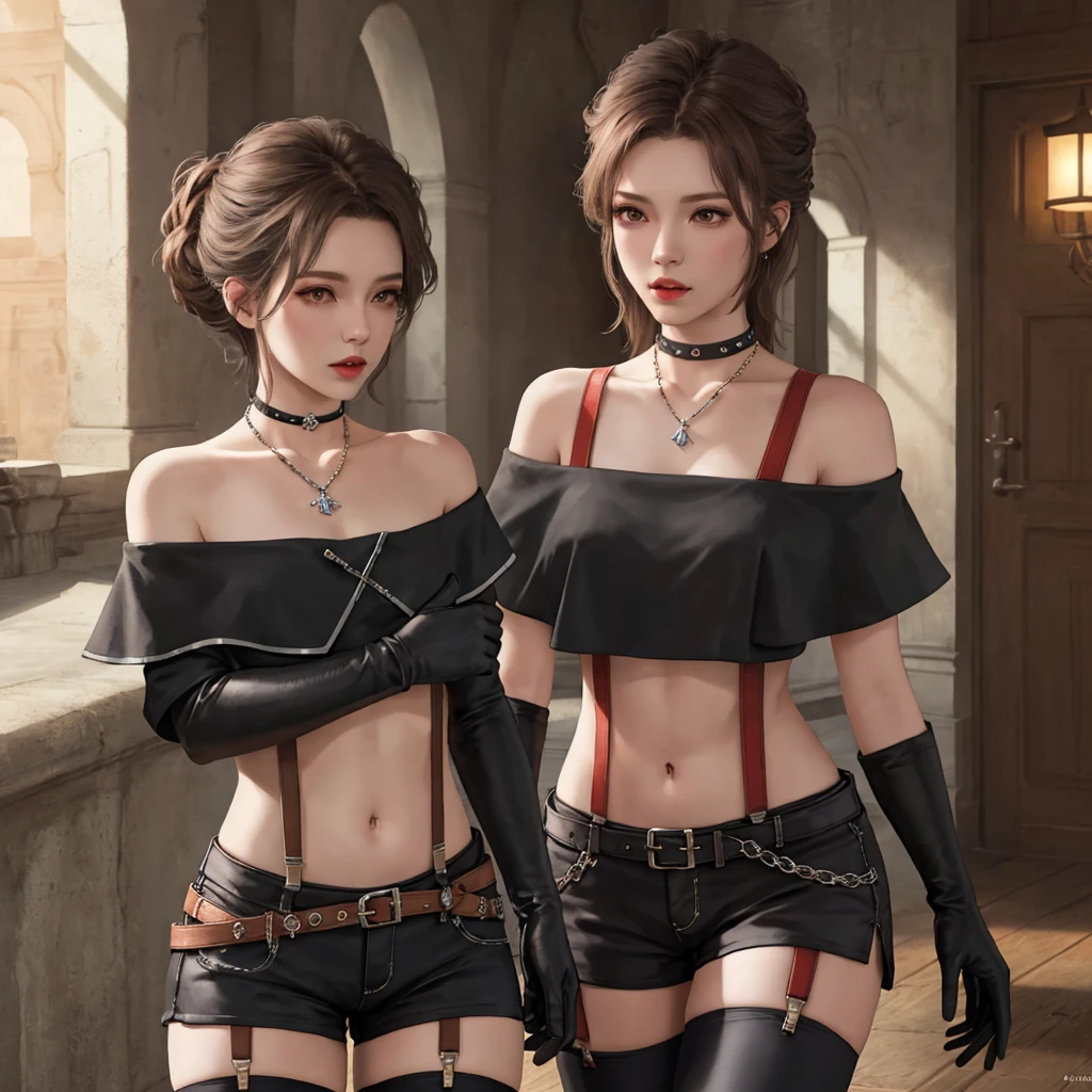 masterpaintings, beste-Quality, 1girl huge large breasts, 独奏, Complicated details, color difference), (realisic),(The skin), 1 girl Shizuku high ponytail, ((Medium breathing)),(black har,bluntbangs),Detailed hair,Red headdress,Blue highlight, Hair is more than one eye,red eyes, Small earrings, sharp sharp eyes, necklac,((Black crop top cutout)),(Symmetrical eyes),(Perfectly symmetrical body),((natural lights))), The light from the back window is backlighted,To gray walls, dimly lit by,are standing,(looking at the spectator),((Center the lens,from frontal,(Face and waist)Visible chest line Deep V realistic, high resolucion, 1 girl, Black wavy hair, small mole under eyes,Camisa blanca, Black pleated skirt, Distinct chest line, Long legs, Tightens abs,dynamicpose,Catwalk Bust line Black pleated skirt Wearing a jacket to reveal a white bra Showing belly button eyes, High ponytail, Big breasts, White eyeballs --auto