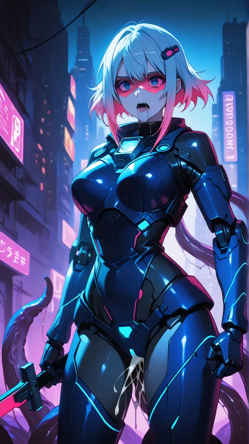 Masterpiece, Ultra extremely detailed, Insanely Definition - quality, 8k, (vibrant colors,vibrant theme), (intricate), full body , NSFW beautiful woman on all fours, tentacles wrapped around legs, tentacles wrapped around arm, penetrated from behind, professional artwork, detailed eyes, beautiful eyes, beautiful face, large breasts, blush, thick thighs, legs spread apart, short hair, beautifully detailed background, bdsm, wet body, surrounded by tentacles, body wrapped in tentacles, grabbing tentacles, tentacle penetrating, many tentacles, tentacle inside, muscular body, muscular arms, muscular legs, toned body, abs, goth, black lipstick, makeup, makeup on face, pleasure, pleasured expression, lying in bed, milk leaking from breasts, splattered everywhere, vaginal penetration, eyeliner, black lips, science fiction, sci-fi, cyberpunk, neon lights, freckles, tan lines, tanned skin, thick tentacle sliding into , robotic limbs, robotic arms, robotic legs, cyborg, cyborg woman, cybernetic