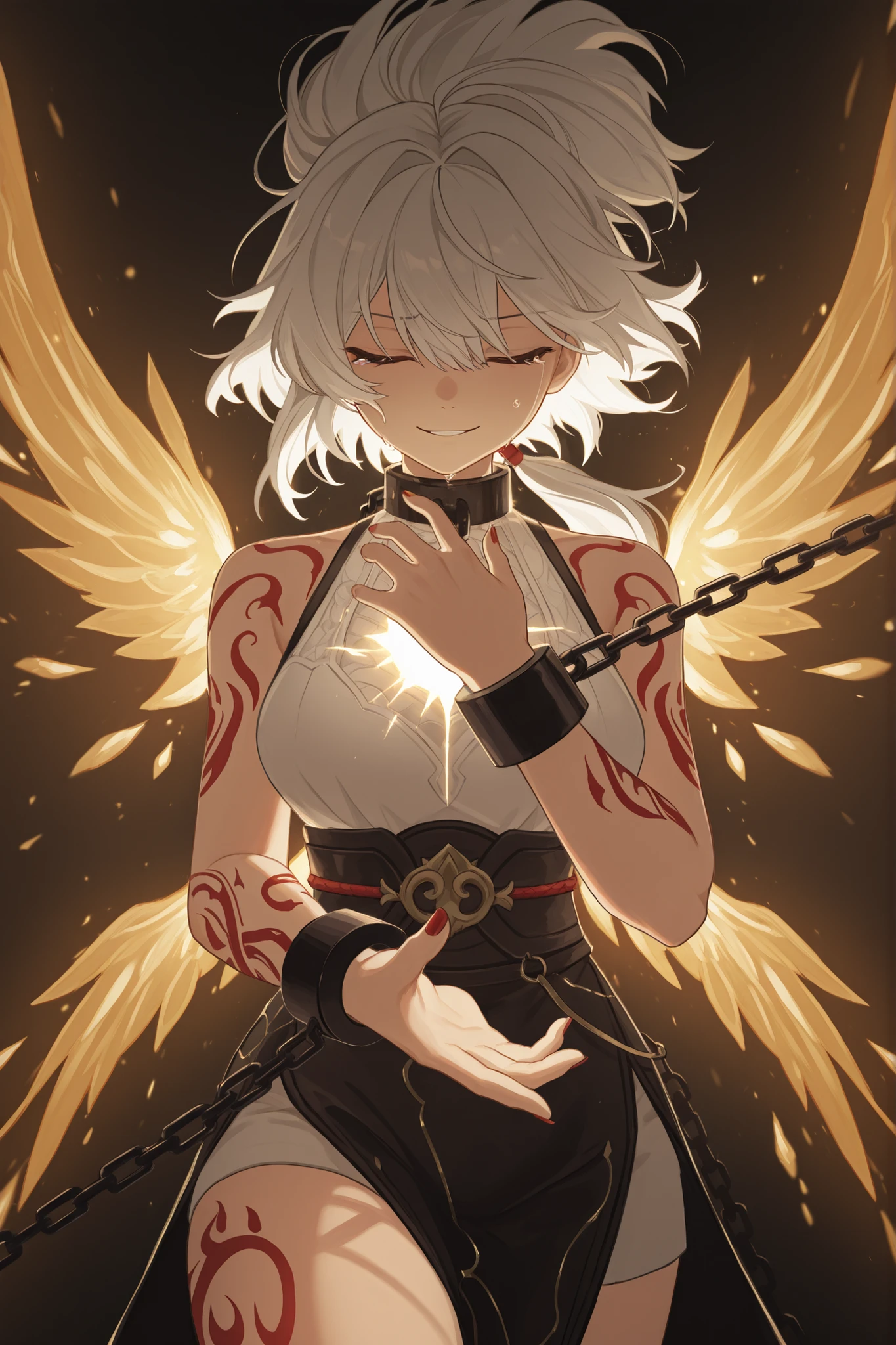 femr0ver,(seele vollerei,seele vollerei \(Starchasm Nyx\):0.4), Wings, glowing wings,(face focus, cowboy shot:1.22), dynamic pose, three quarter shot, mature,, (1girl:0.75), solo, , masterpiece, best quality, amazing quality, very aesthetic, high resolution, ultra-detailed, (soft shading, soft shadows, volumetric light:1.14), dramatic lighting, absurdres, backlighting, sun, chained up, chained wrist, eyes closed, smirk, crying, ponytail, yellow hair, white hair, red tattoos, golden nails, stretched out, floating, tears,