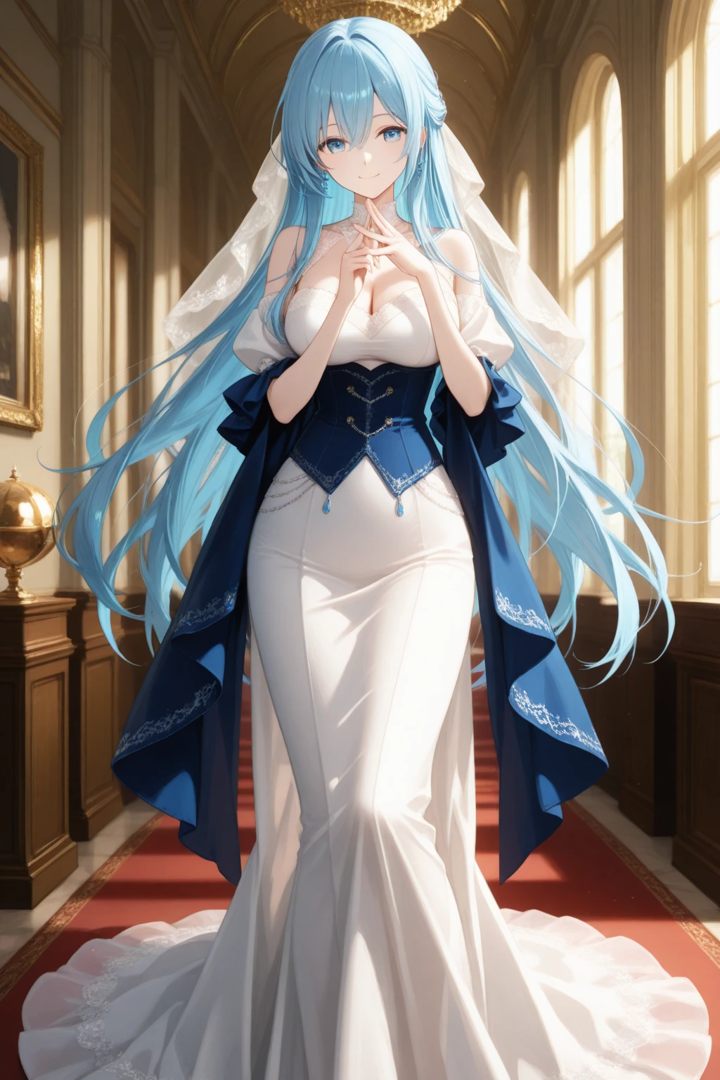 full body, standing, blue eyes, blue hair, Detailed Face, Detailed Hair, (Hyper-Detailed Eyes:1.2), ((masterpiece)), best quality, extremely detailed, wallpaper, CG, intricate, blue wending dress,