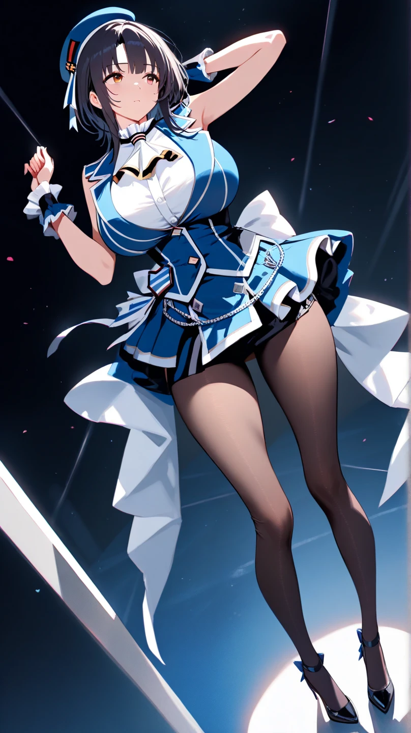 1 Girl, Jagerstad, new moon(mark), white skirt, tassel, Headband, Gloves, blue sleeves, Armored Boots, ((best quality:1.2, masterpiece:1.2)), Dynamic Angle High Detail, score: General, Mile Shooting, , Full portrait,  transparent, transparent silhouette, transparent skirt, abstract background,Big breasts，Pregnant