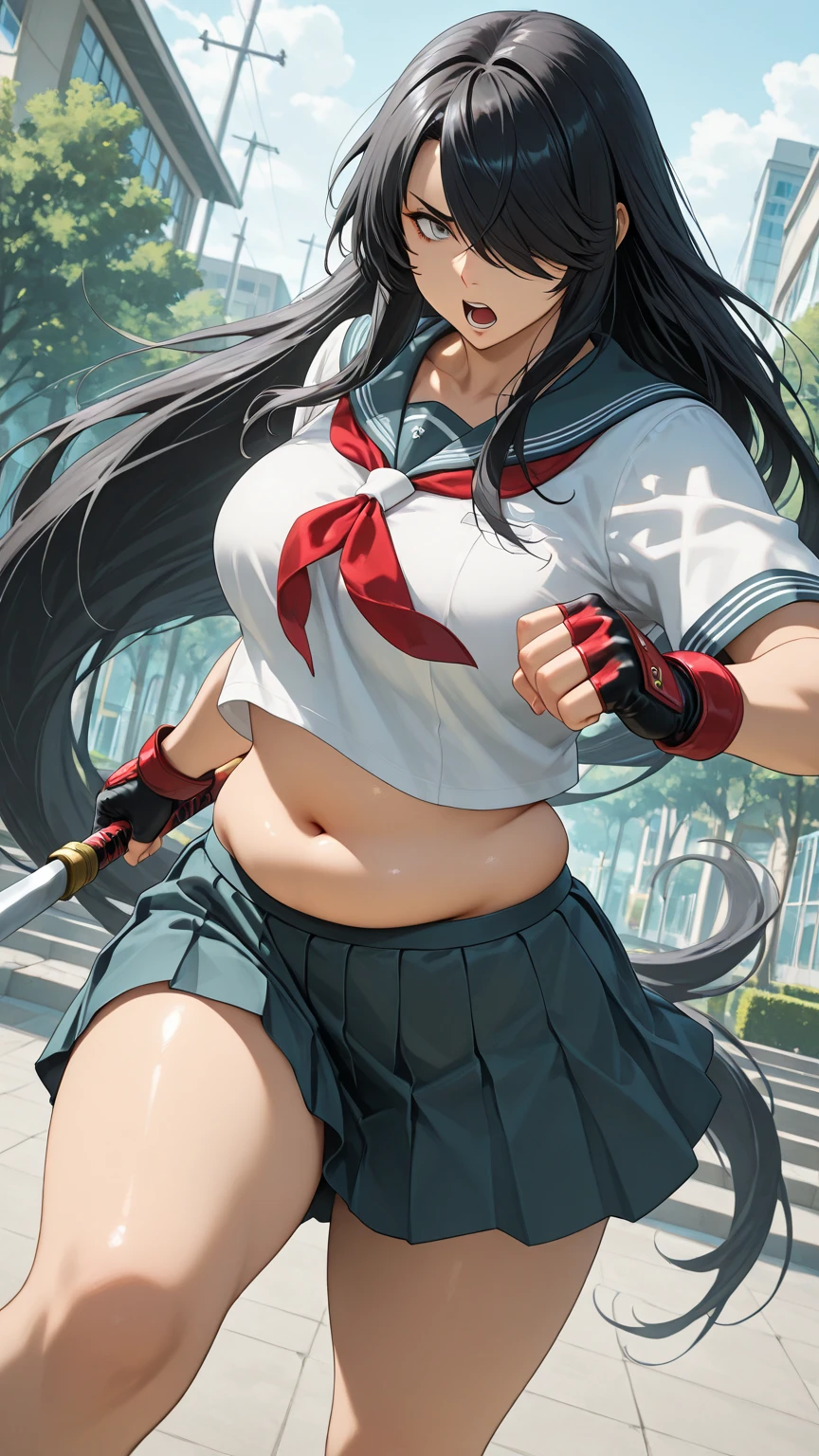 (masterpiece), kan'u_unchou, ikkitousen, art by Yuji ShiozakiAgawara, hair_over_one_eye, fingerless_gloves, gloves, school_uniform, polearm, long_hair, holding_polearm, red_gloves, braid, holding_weapon, solo, navel, serafuku, spear, skirt, yellow_neckerchief, weapon, underboob, very_long_hair, holding, midriff, pleated_skirt, very huge_breasts, crop_top, twin_braids, blue_sailor_collar, black_hair, neckerchief, angry humor, blue_eyes, antenna_hair, day, sailor_collar, shiny, shirt, tan, wind_lift, standing, wind, crop_top_overhang, groin, ahoge, sky, looking_at_viewer, short_sleeves, magatama_earrings, shiny_hair, no_bra, low-tied_long_hair, gigantic boobs, tits, , hyper largest_breasts!! with the type of boobs_melons, (topless:1.3), (cameltoe view:1.3), (tanned skin:1.3)