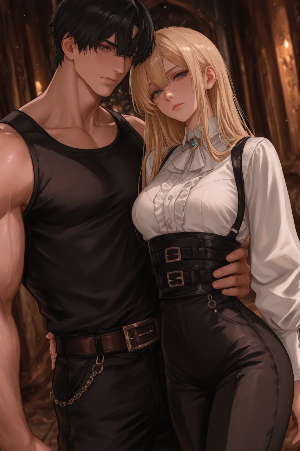 Tall, handsome, statuesque, masculine, adult man - platinum blonde, he is stripped to the waist, he has a beautiful embossed athletic body, tanned skin, he has long straight platinum hair, blue eyes, long bangs, he hugs an incredibly beautiful young blonde femme fatale, she is wearing a thin silk shirt, emphasizing her a perfect figure, long golden hair slightly disheveled, blue eyes. They are in love with each other. Realistic image.
