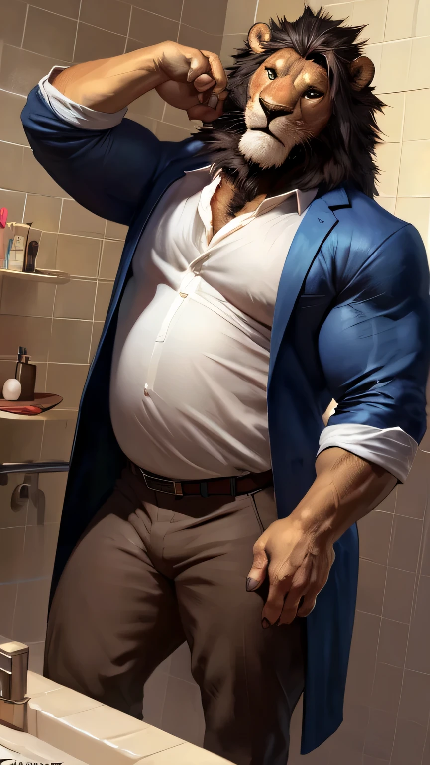 40 years old Male, tall, giant body, handsome, buff, beefy, muscle gut, a bit of fat but still very muscular, very hairy, short beard, wearing a untie black bathrobe with long sleeves, wearing a black boxer briefs with a insanely huge bulge in them, wearing an expensive watch, luxurious house, standing casualy, one hand behind head, one hand on belly, smiling widely, full body picture, 3/4 view, warm colors