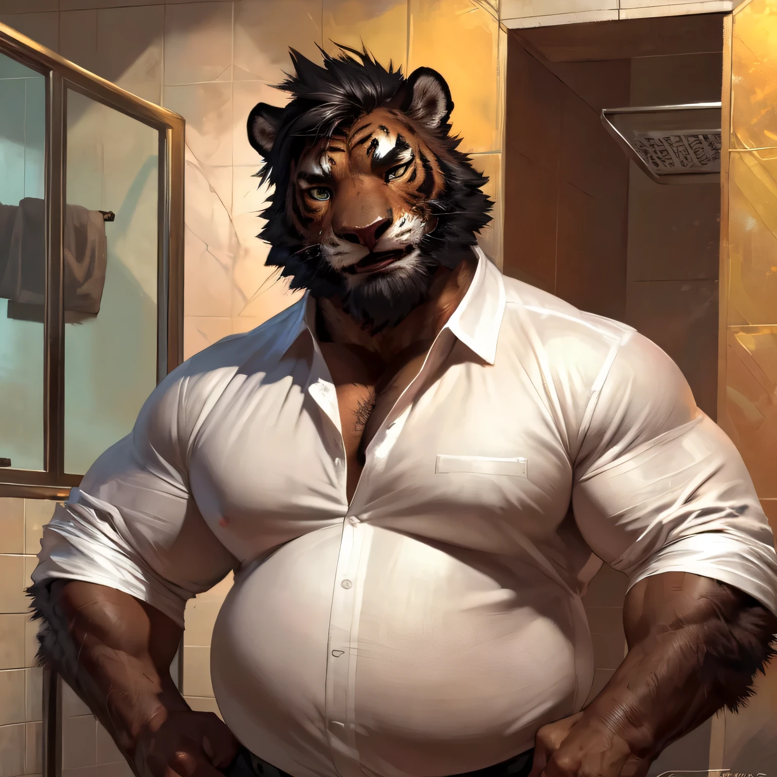 Lion, male, solo, adult, abs, pecs, nipples, older, strong muscles, long mane, detailed face, beautiful eyes, detailed eyes, mechanic, work overall, showing chest, open work overall, muscular chest, muscular, serious face, bodybuilder body, beefy, garage background, bulge, looking_at_viewer, by bruteandbrawn, by personalami, by kenket, (intricate, high detail, film photography, soft focus, RAW candid cinema,
photorealism, realistic, photorealistic, analog style, subsurface scattering,
masterpiece, best quality, ultra realistic, 8k)