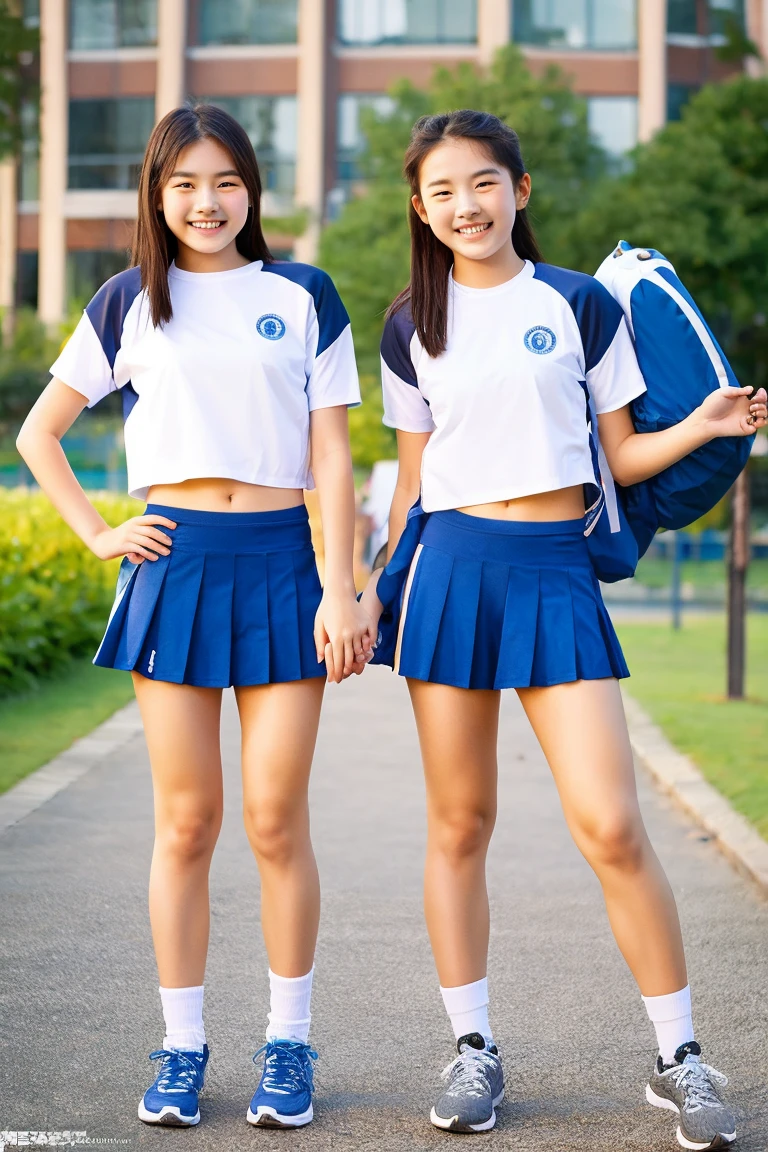 (2girls, Same height :1.2) ,Back view, Volleyball Uniforms, couple focus , japanaese girl , (Smile:0.7), Stand next to each other , Upper body, They wear bloomers and white gym clothes, White tee shirt, Dark blue bloomers, beautiful thigh,Looking back, Armpit, Realistic butt crack, Grinning smile, Very Shorthair , (High color saturation:1.0), (highlydetailed skin), (Best Quality:1.0), (超A high resolution:1.0) ,(photographrealistic:1.0), (ultra-detailliert:1.0), (8K, Raw photo:1.1)