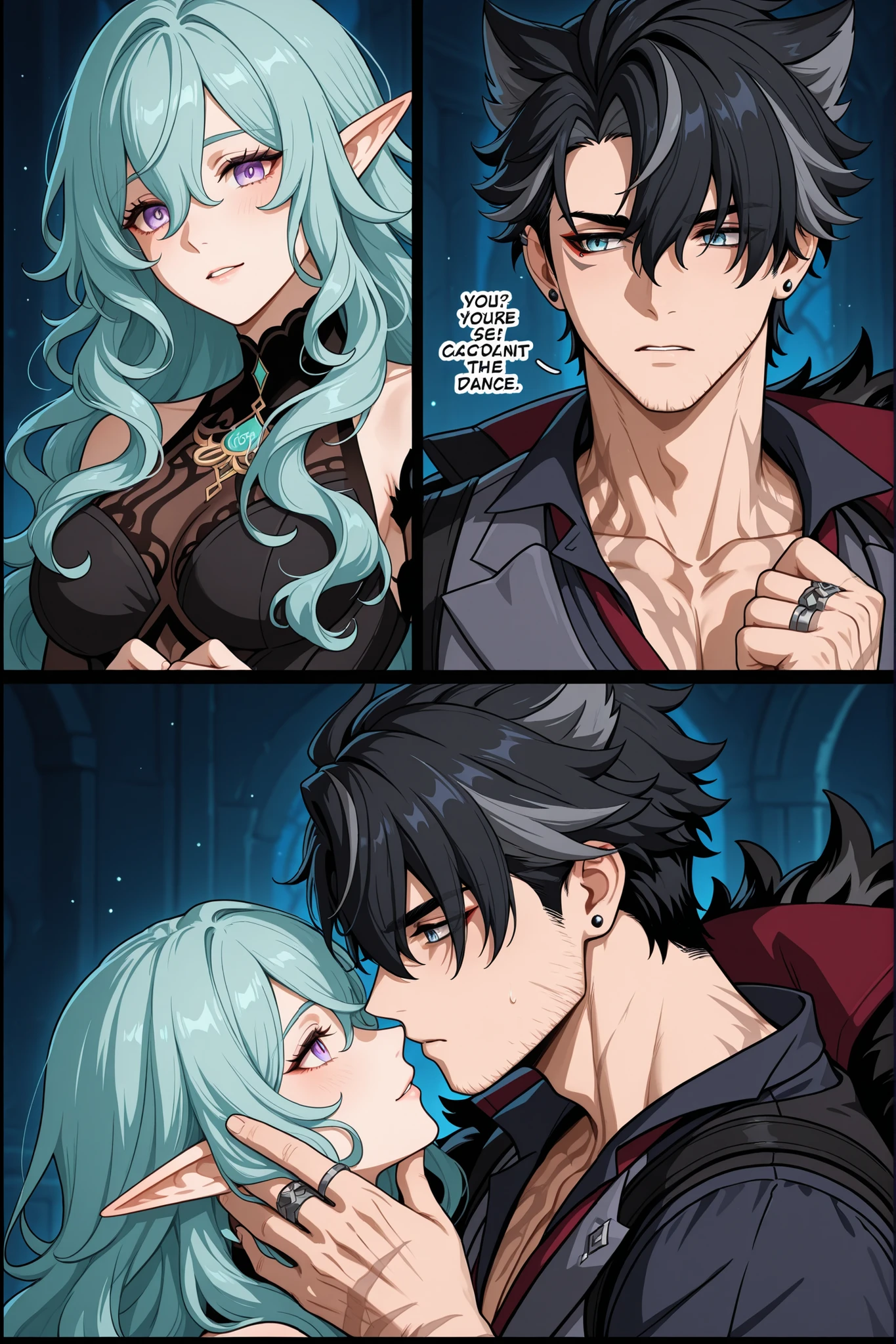 A comic featuring Wriothesley from Genshin Impact, depicting Wriothesley beginning to dance with an elf with light gray-turquoise wavy hair cut in a cascade and mint-bright eyes. Wriothesley wants to impregnate the elf.