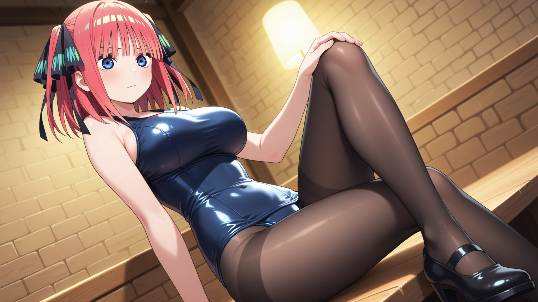 best quality, ultra-detailed masterpiece, anime art style, cute character, nino nakano, large breasts, blush, smile, one-piece swimsuit, pantyhose, open legs