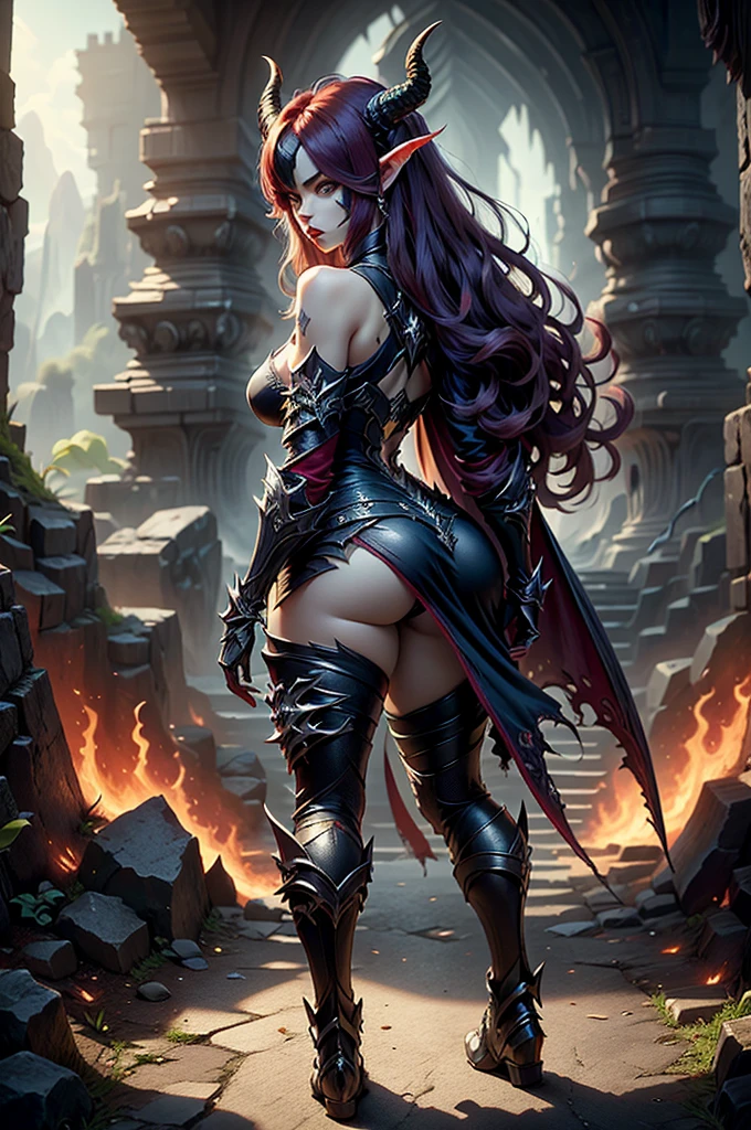 very close view, back view, very beautiful sexy and naked woman, vampire with red eyes, red lips, with long gray hair, very pale skin with black tattoos, crown and silver jewelry, big naked breasts, holds a silver dagger, lots of light, walking in a large gothic cathedral, gothic style, black and dark sky, red moon, rays of light in backlight, art digital