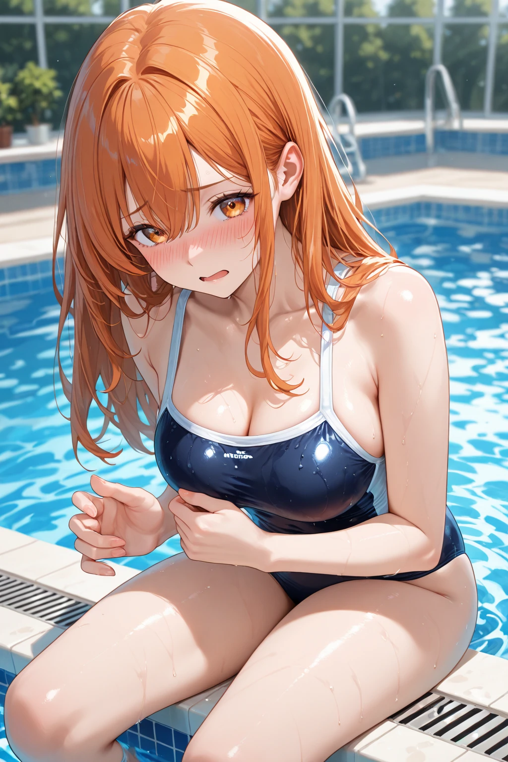ely Detailed Computer Graphics, caustics, Cinematic lighting, Detailed, beautiful detail eyes, NSFW:1.8, 独奏、oilly skin、cleavage、8yers old), extra high resolution, fine skin, (Cute: 1.2, Colorful micro bikini), (strong light),Separate swimsuit、exteriors、The vibrant、Swimming pool at night、collarbones、lying、orange hair,((thick outline、black outline、Brighten up your subject))、pony tail