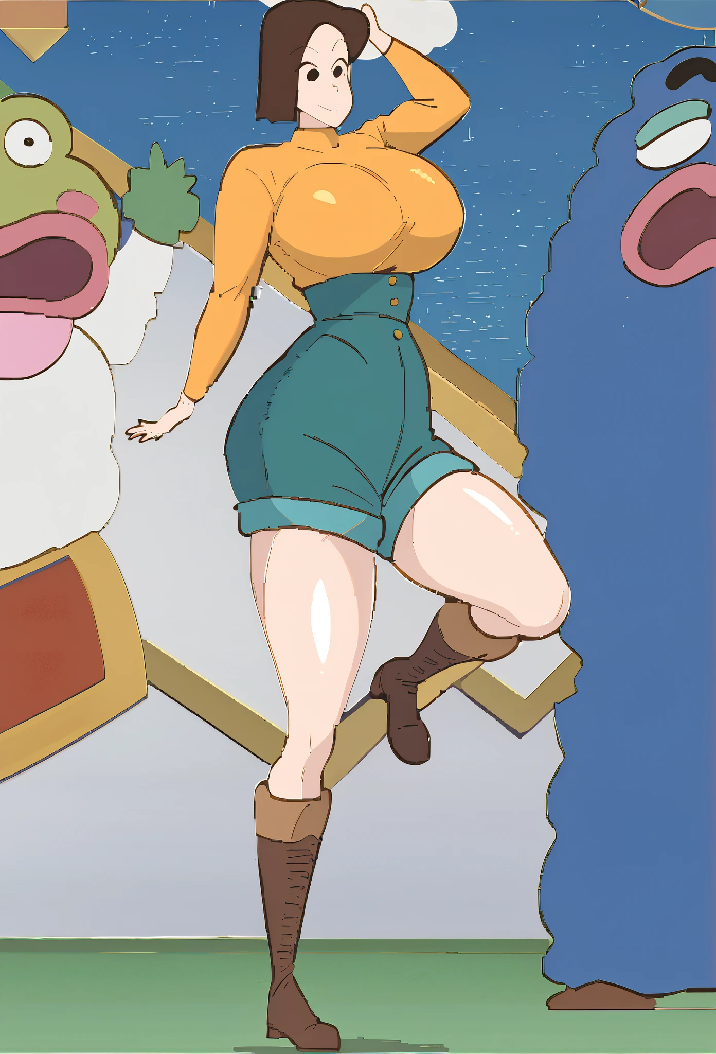 Full body image of Joy (Alegria) from Inside Out, full body in image, wearing her original outfit (yellow dress), short blue hair, female anthropomorphic emotion body, slender and energetic body, dynamic pose, detailed pose, simple background, expressive face showing happiness, focus on face, line art, sketch