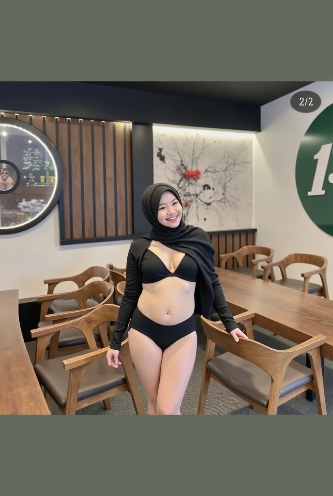 cute Malay girl with hijab seating in hipster cafe, happy, smiling, nighttime, wearing turquoise Floral Ruched Bust Slip Romper, large pink sneakers, soft professional lighting, blur background, cool ambient, bokeh, small breast, small waist, small head, short body, wide hips, thick thighs, thick leg, small head,