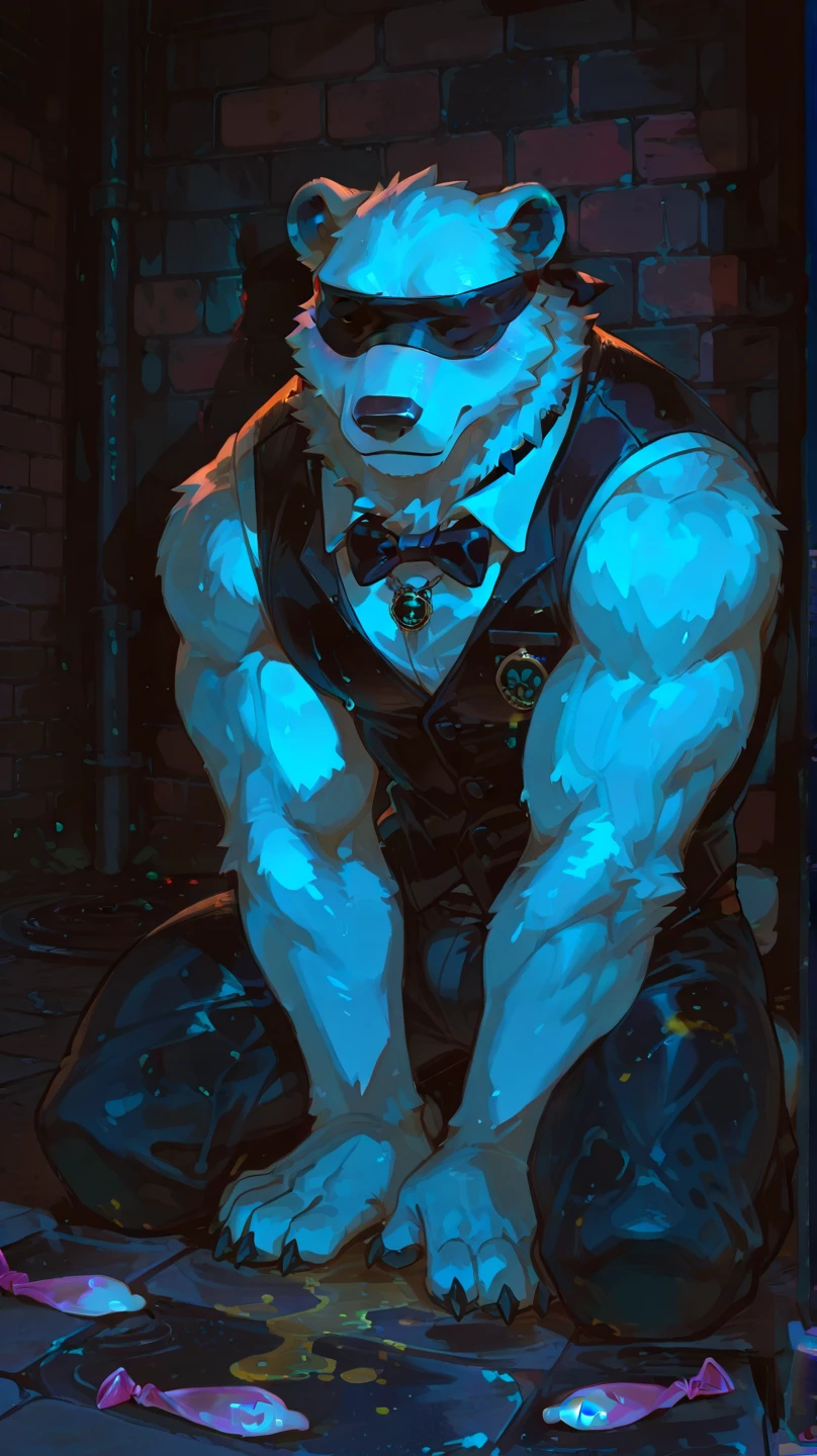 A Mouse in suit male muscular fursuit alone in the dark street blue eyes looking at camera wearing a Lead Jockstrap adult 22 years old silver fur Hollywood cinematic style in 3D live action ultra realistic HDR 8K