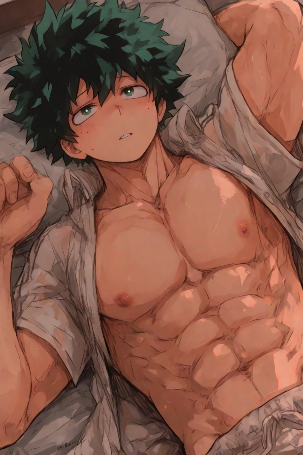 Shirtless anime guy muscular
 with green hair
6 pack abs 
Lying on the bed