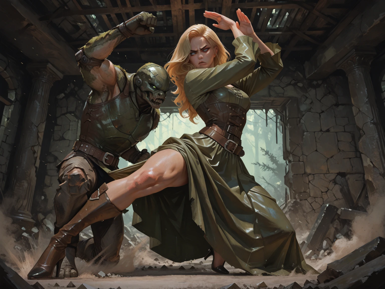 (masterpiece, top quality, best quality, official art, detailed:1.2), <lora:queen_meve:0.7>,queen_meve, 1girl, long hair, open mouth, blonde hair, gloves, green shirt, holding, jewelry, weapon, braid, teeth, belt, sword, cape, green cape, holding weapon, single braid, blood, table, knife, brown gloves, injury, bracer, dagger, death, blood on weapon, stab, scar on face