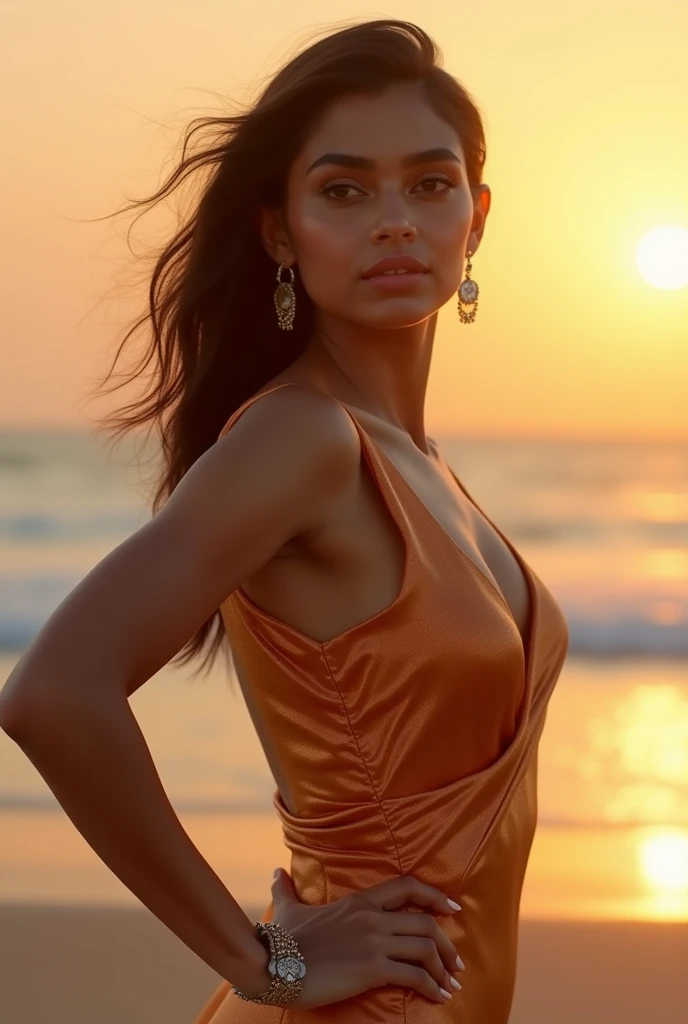 In this full-body shot, she is captured against a dramatic sunset beach scene. She wears a shimmering, metallic gold mini dress with a plunging neckline and a high slit. Her warm ivory skin glows under the sunset's golden light. Her black hair is styled in glamorous, tousled waves. She stands with one hand on her hip and the other gently holding the edge of her dress, creating a bold and glamorous pose. The sunset light accentuates the shimmer of her dress and the elegance of her pose.