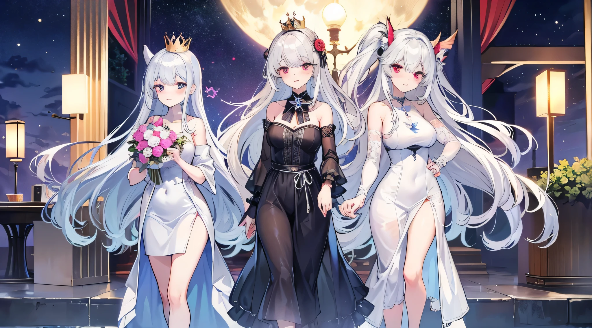 A demon queen in a transparent dress, white hair with pink tones , with big breast , showing everything in panties. She has too much water , a dark place full of stars,