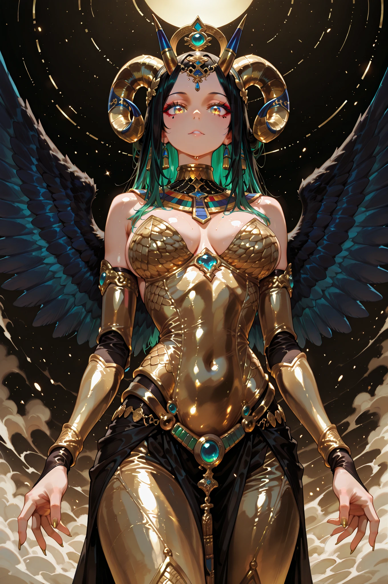 A magnificent and mythical humanoid figure is captured in an intricate and dynamic pose, reminiscent of a futuristic gargoyle or a legendary creature. This character possesses a striking blend of ornate armor and organic features, merging artistry with a sense of formidable power. Its body, predominantly black with a glossy sheen, is accentuated by intricate gold embellishments that trace decorative patterns across its surface. Glowing cyan highlights add a touch of otherworldly energy, emphasizing joints and contours with a neon-like radiance.
The head is adorned with an elaborate, golden headdress featuring curving horns and stylized motifs, evoking ancient Egyptian or Mayan influences. Almond-shaped, luminescent eyes suggest intelligence and mysticism. The figure crouches on metallic claws, poised for movement, while its massive, wing-like structures extend upward, showcasing smooth, wing-like curves edged with golden filigree. The muted background, a swirl of neutral grays, serves to highlight the detailed and vivid central figure, lending an air of timelessness and fantasy.