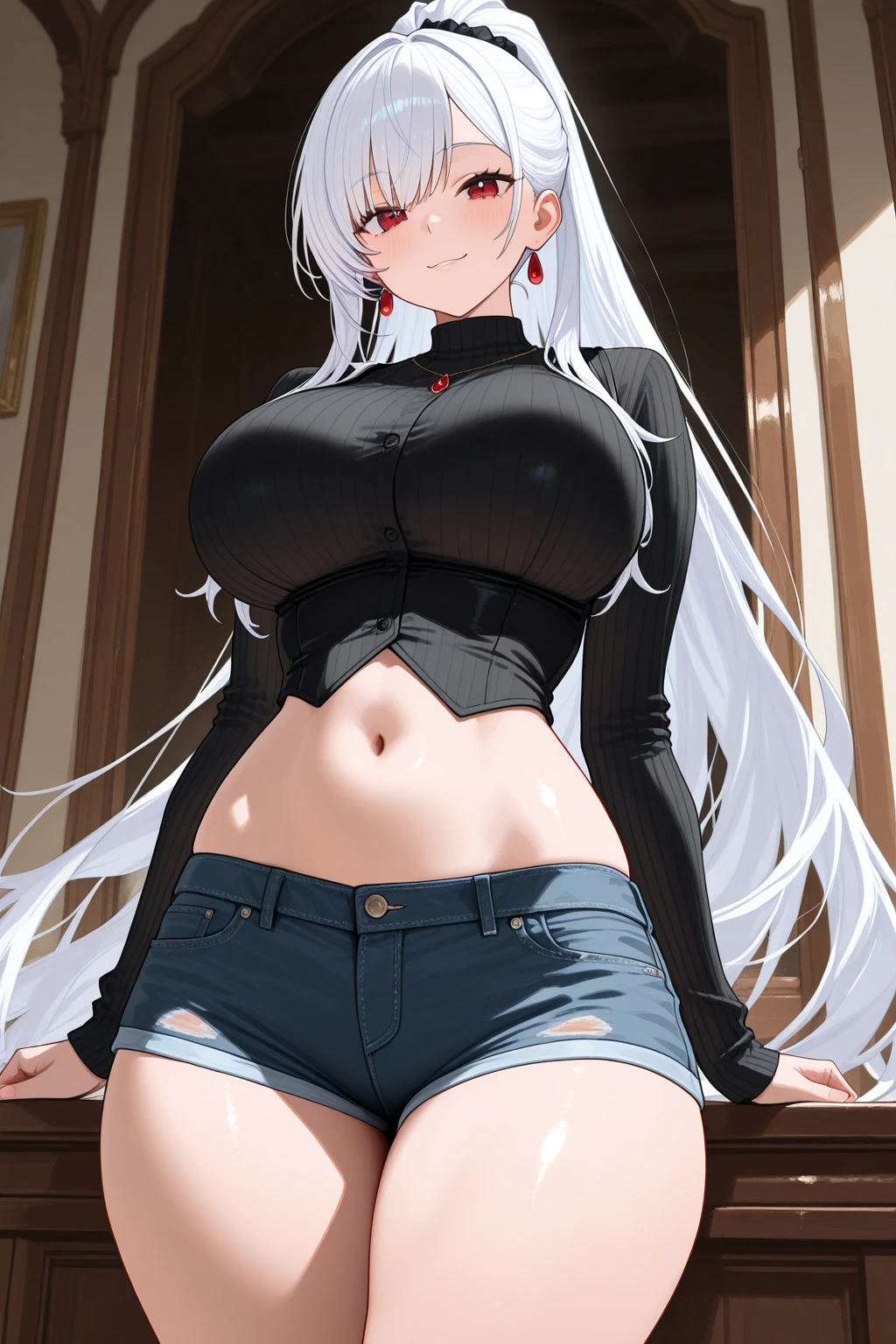huge chest)),Long hair,((silver hair,blue eyes)), light, light del sol, (perfect body : 1.0), neck, chain, Full body shot, Wear a black sleeveless t-shirt, jeans jacket, ((Bermuda)),(masterpiece), (The best quality:1.0), (ultra high resolution:1.0), beautiful lighting ,perfect lightning, realistic shadows, [High Resolutions], detailed skin, ultra detailed,Arms behind your head, big breasts, animated style,