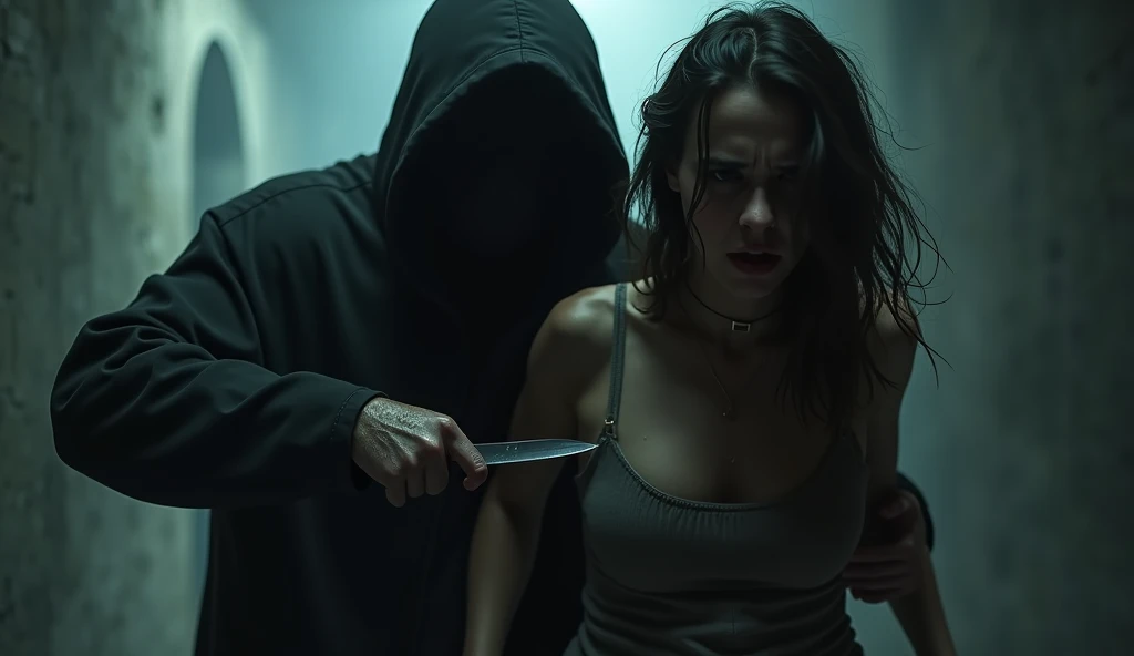 A man in a balaclava pointing a gun forces a woman to take off her clothes