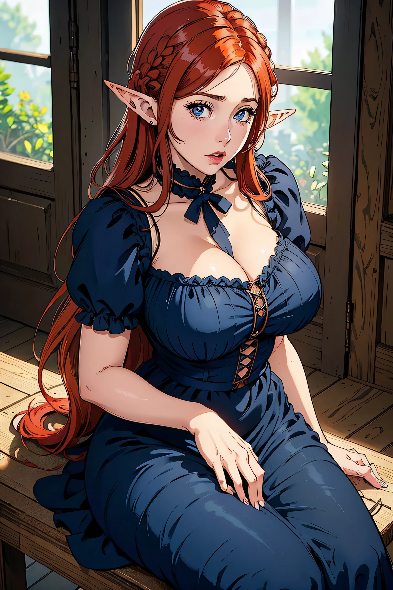 Cute Farmgirl with Braids. ((red haired woman, mature woman, female 30s, long hair, pointy ears, elf ear)), Perfectly round face. Beautiful cute face, Big beautiful voluptuous lips, charming beauty, ((gentle expression on your face)), ((Beautiful large, detailed blue eyes)), Waist slender, Broad Hips ((Dark blue dress with ruffles, modest dress, very high neckline)) (highy detailed)),offcial art, Award-winning digital painting, digital illustration, extreme detail, 4K, ultra HD, Rococo, polished, Intricate, realistic fantasy art, sharp focus, conceptual artwork, arte por WLOP, artgerm, (2D vector illustration) Light, airy, hourglass figure. ellie bamber
