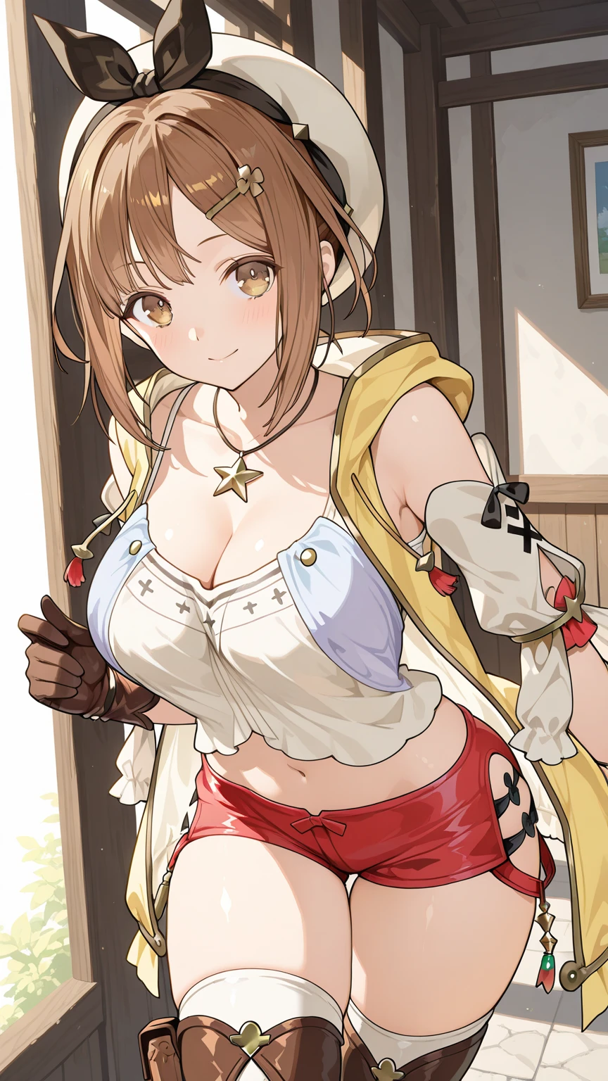 masterpiece,hentai anime character, I'm straddling a man's crotch, Ryza having intense cowgirl sex, (((Aggressive vaginal sex: 1.2))), favorite,Bounce and shake wildly,, 32K,Super detailed,Ultra-detailed,Big Breasts, Vibrant breasts, Short brown hair, shirt, Shorts, Red shorts, White Beret, Black knee socks, Ryza outfit, loungewear, {{A biological weapon that preyed on the sleeping Ryza and transformed into her appearance, Big  bouncing}}, Shake violently, Overall view, Town, NSFW
