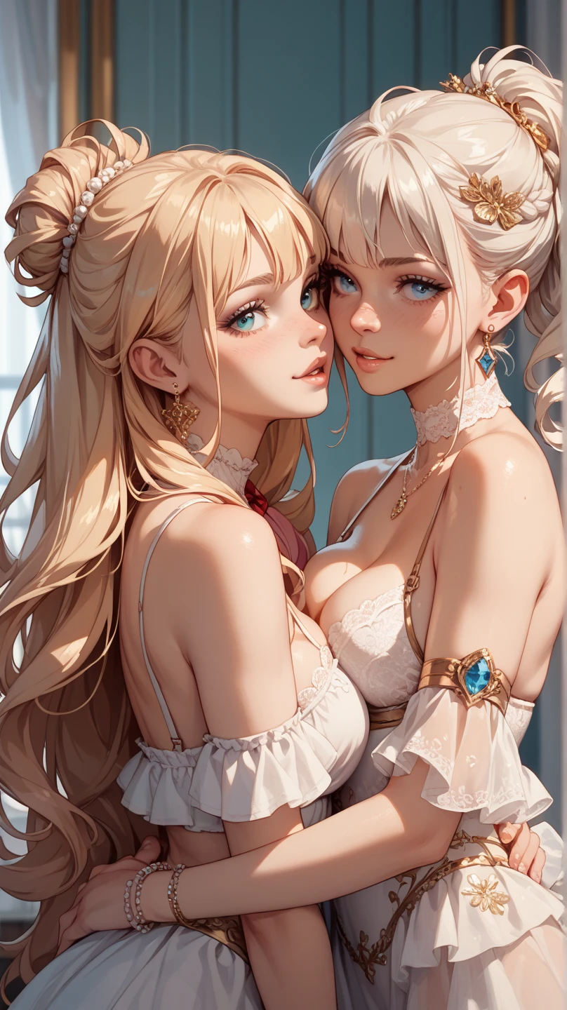 (yuri), 2 Girls lying in bed caressing each other, from above, upper body
White-haired girls and yellow-haired girls, strapless bras, (cleavage, underboobs, side boobs), (kissing:1.2), Blush
A big bed of petals, flowing, melting, lots of floating petals
Oily skin, volume light, [nsfw:0.8]
Petals on the cleavage, petals on the belly --auto --s2
