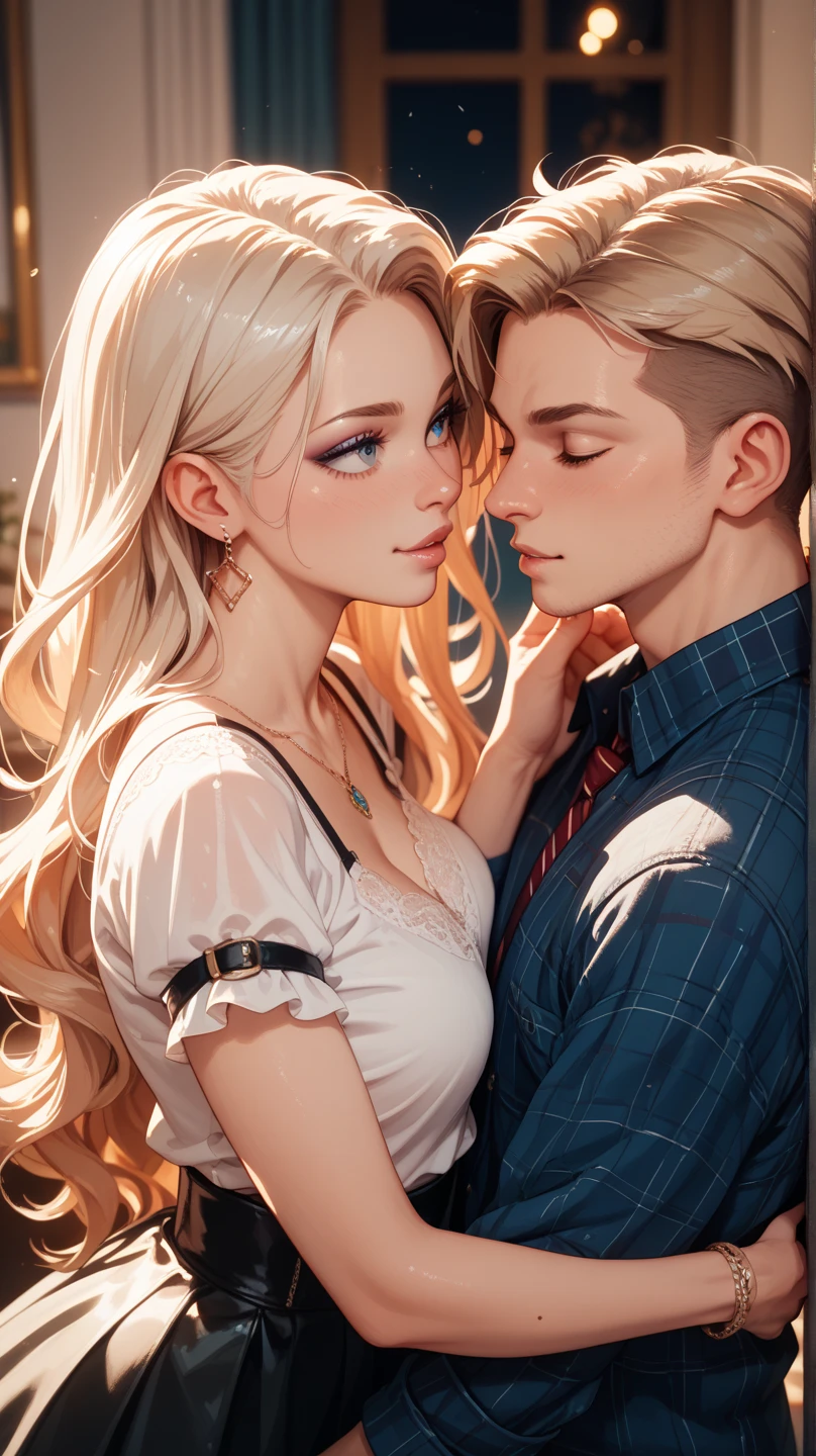 Please create an image of a stunning beauty who is half French and half Japanese. She has an exceptionally beautiful face, with striking blue eyes and long, straight blonde hair. She wears a cute dress and has a furrowed brow expression, as if expressing anger and dissatisfaction. The second person is a man with black hair and long bangs. He wears a T-shirt and denim. His expression appears sad. The composition should depict both of them in an upper body close-up, engaged in an argument. The beauty should be on the right, and the man on the left, facing each other and arguing. Their eyes meet, and they exchange heated words. The background is a room