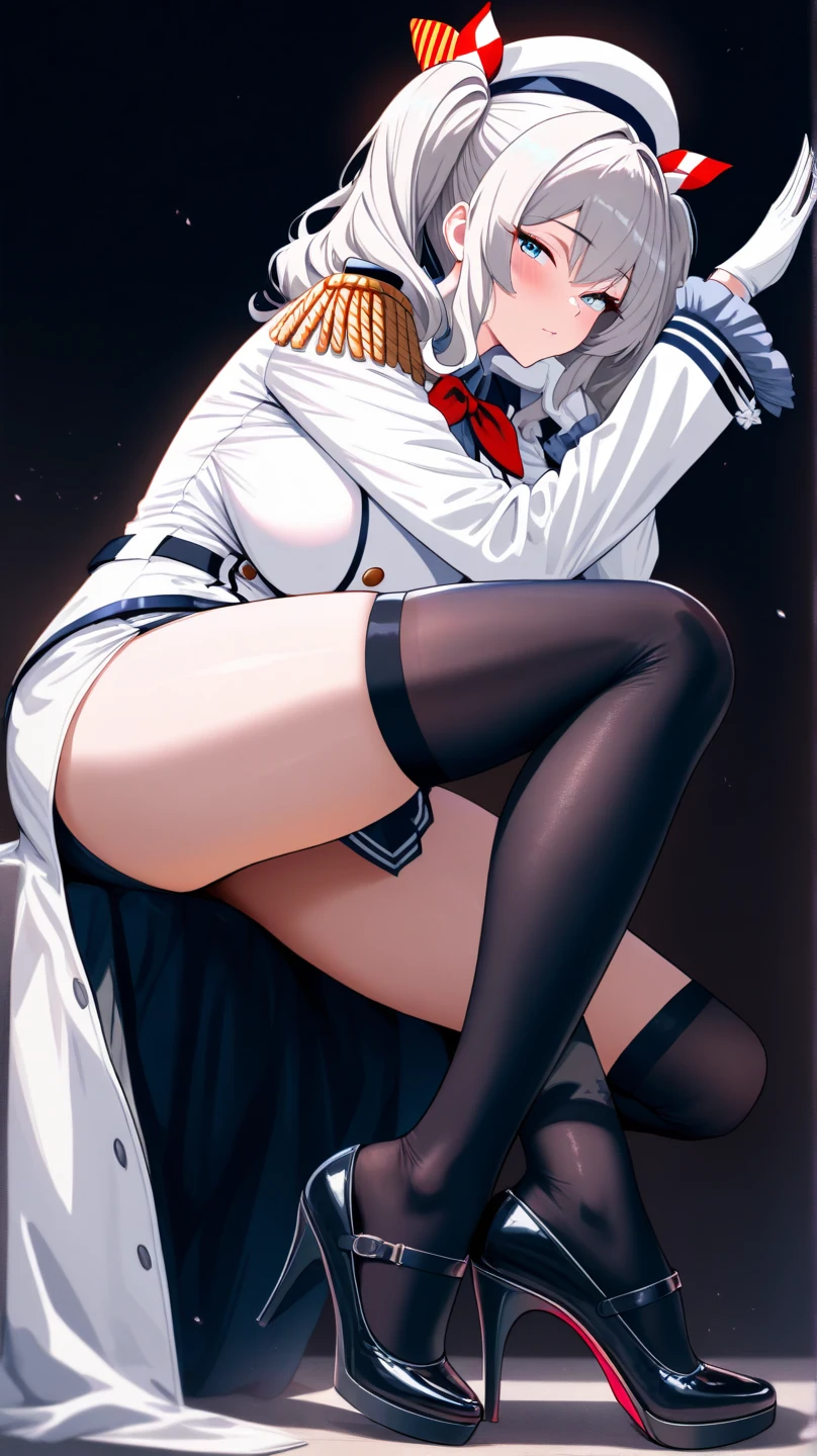 masterpiece, ultra detailed, 8k portrait, RAW photo, portrait photography, highly detailed face, beautiful and meticulous eyes, dark blue hair, long hair, blue eyes, white hair ribbon, (dark blue French maid costume:1.5), white tights, half boots, spread legs, standing, (holding a giant sickle:1.5), by the old castle, in mid night, from below, (cameltoe:1.5)