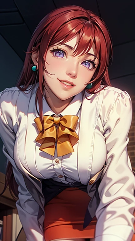 (8k, RAW Photos, Ultra-high resolution, highest quality, masterpiece:1.2), (Realistic illustrations), (Highly detailed CG Unity 8k wallpaper), Red braid、全身Character portrait、Long legs、
1 girl,Character portrait, Beautiful Face,Medium chest,,smile,Tilt your head,Grin,Big breasts that can be seen from the top of the clothes、White shirt and black tie,Slim fit trousers,、Nogizaka Idol、、Korean Idol