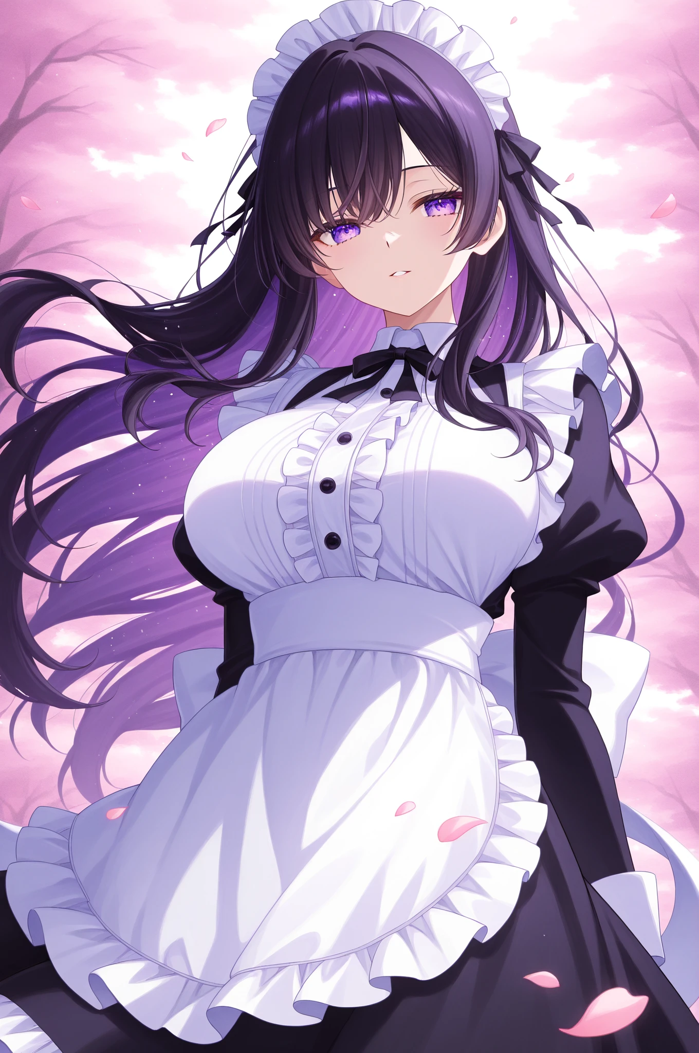 with medium dark purple hair, wearing a white dress