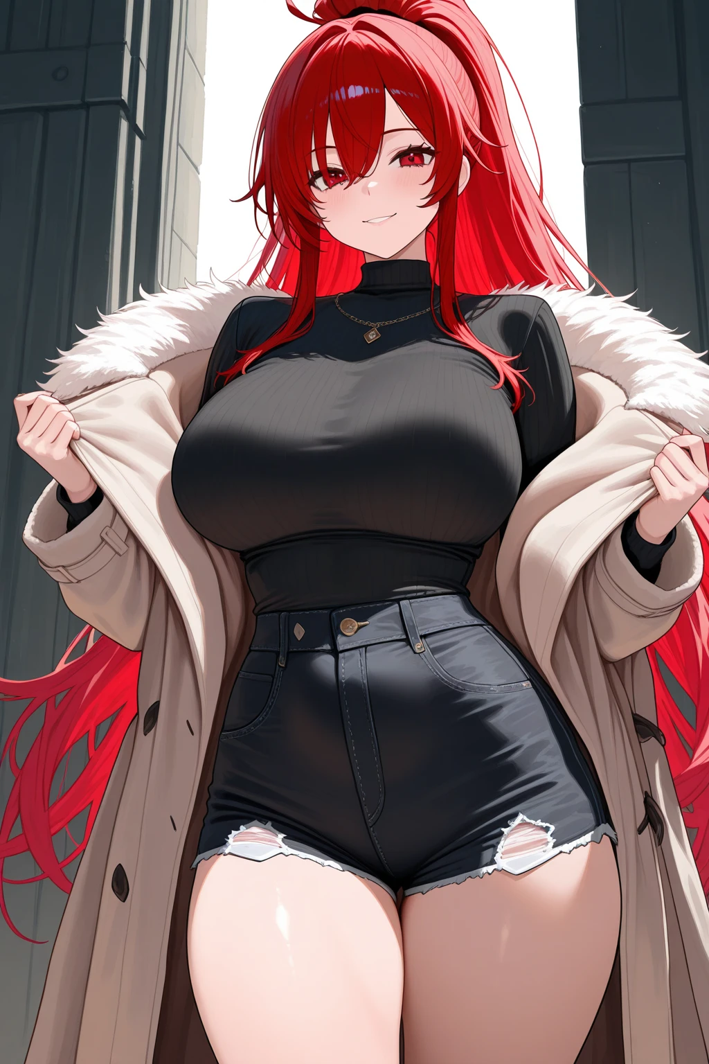 1 girl, long red hair, red eyes, wearing plain black shirt, denim black shorts, big chest, sexy, hot, thick thighs, city, absurdness, high res, ultrasharp, 8K, masterpiece, looking at viewer