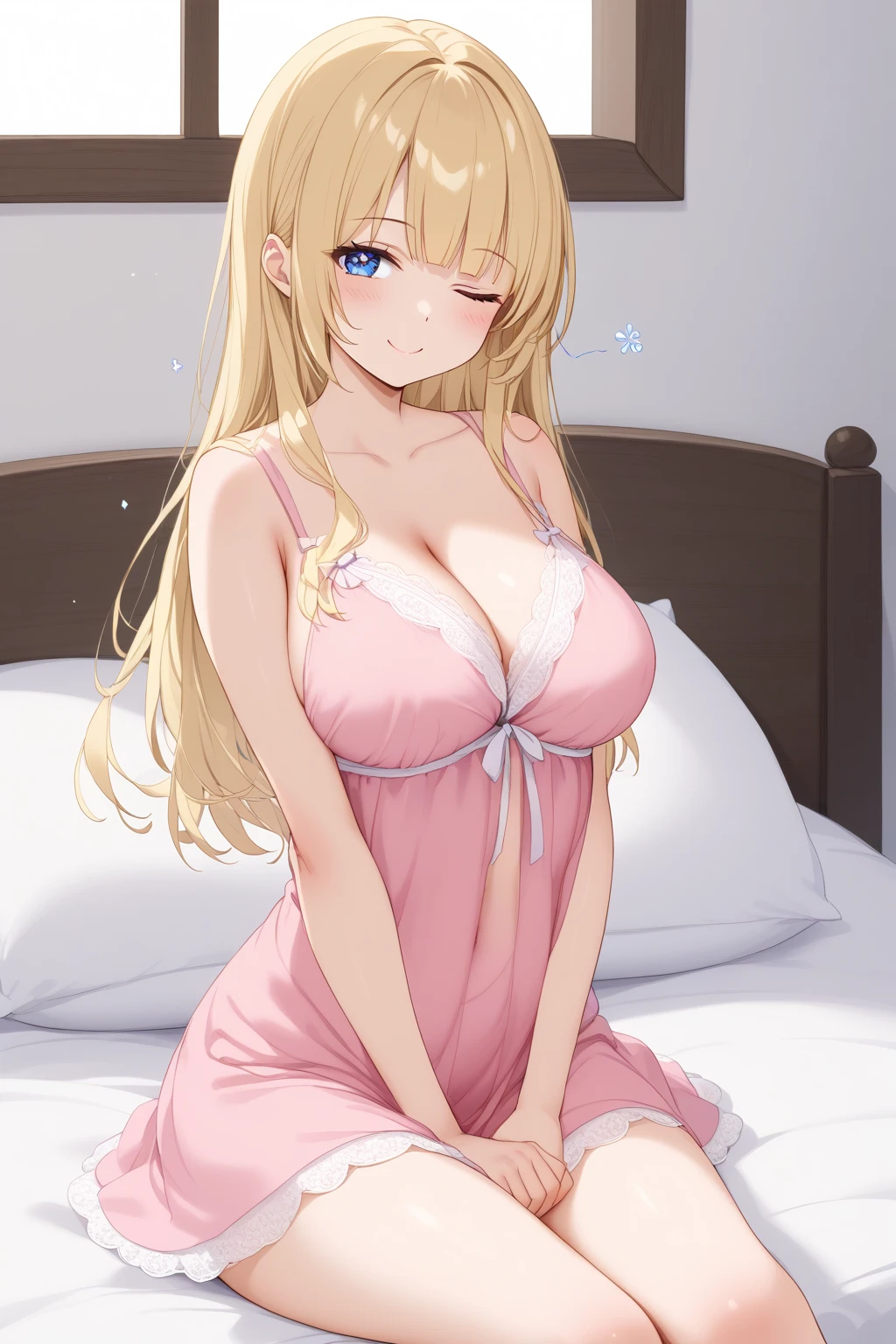 1girl, (masterpiece, best quality, high resolution, 4k), beauty, Gigantic , perfekte rundungen, schmal, big bust,  sportlich, (((looks lustful, unglaublich rot im gesicht, hat den mund offen, hat speichel am mund, blushes strongly))), ((wears pajamas, pinke haare, lange haare)),sexy, cute, ((schaut den betarchter an, beide beine nach hinten, beine angewinkelt)), auf dem bett
