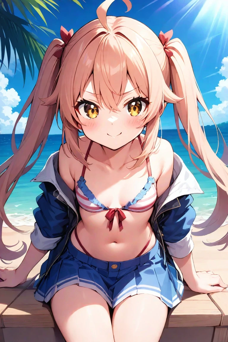 Four sisters in cute underwear and cute bras、Cute white bra with ribbon、White and light blue checked bra、Cute orange bra、White underwear with cute ribbon、White and light blue striped pants、Cute orange underwear、Sandy beach, calm and clear sea and blue sky、barefoot、Big and small breasts、A bra clinging to a white dress shirt、Her light blue skirt flutters in the wind, revealing her underwear.
