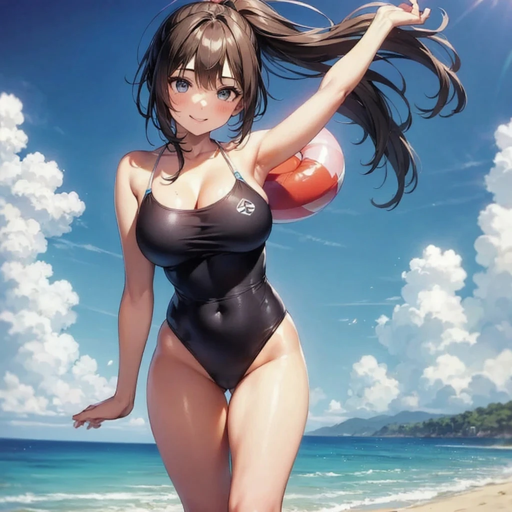 Hairy fox beast mother , Round face , (Tilt your face:1.1) , (Wink:1.2) , Moist, round eyes , Swollen cheeks , Estrus , Dark Hair , motherly smile , Glossy Lips , (Body paint on tight fitting one piece swimsuit) , Sunny seaside , With the surprised beastmen