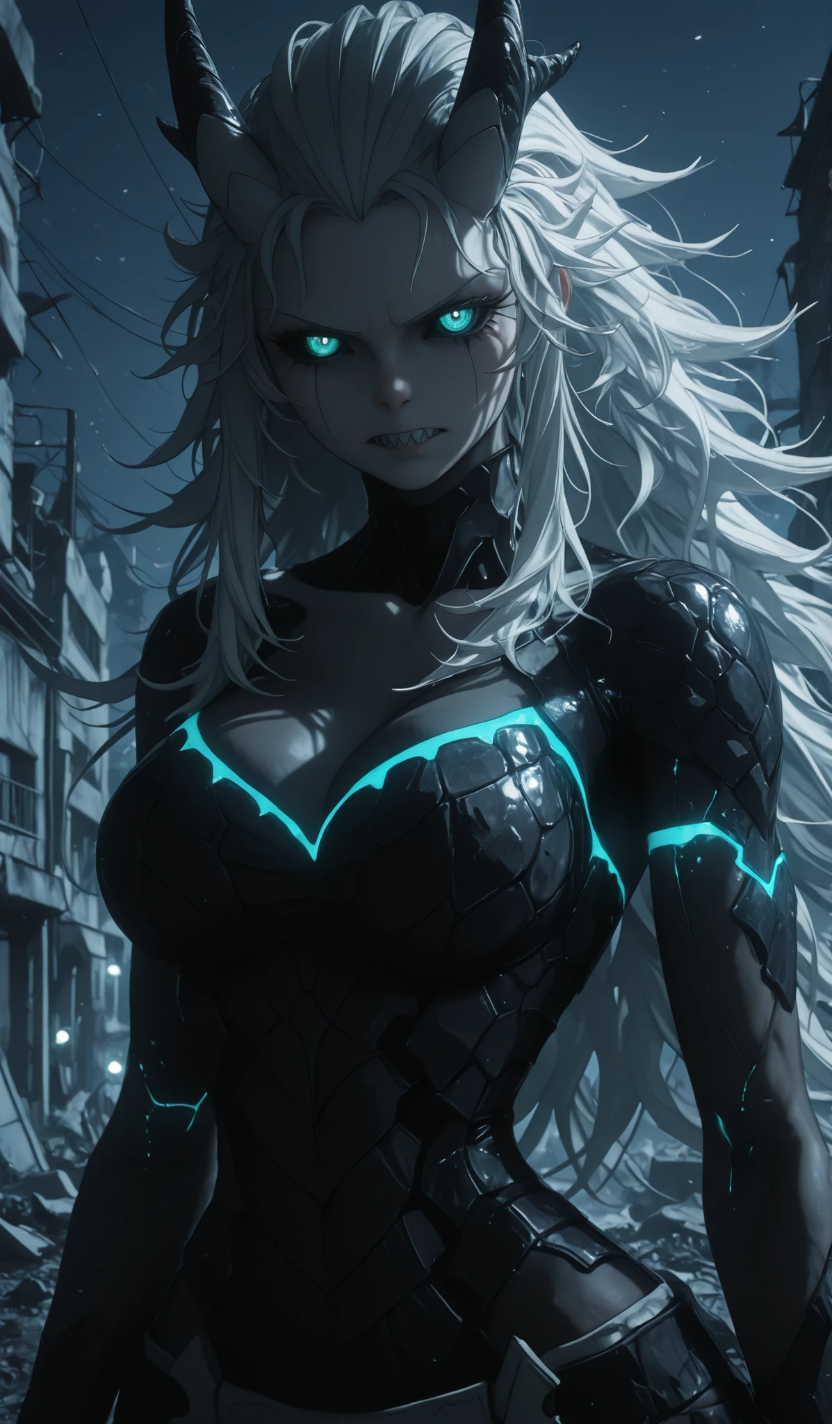 masterpiece, best quality, very aesthetic, absurdres, (masterpiece:1.35), (very aesthetic, best quality:1.3), highly detailed, volumetric lighting, absurdres, dramatic lighting, hyperdetailed realism, addmicrodetails, realistic 3d artstyle, detailed shading, female focus, solo, 3d anime style, detailed eyes, detailed shadows, female focus, smooth masterpiece, close-up face portrait,
Colored skin, black skin,
Outdoors, dark background, sharp detail, morning, moonlit, soft, RTX, destroyed city, ruins, cool lighting, cool color, petite,
1girl, young woman, petite, (slender), (very narrow waist), fit, white hair, realistic hair, wild hair, long hair, hair back, frizzy hair, attractive, white nails, skindentations, hip_indentations, large breasts, cleavage,
Dynamic pose, standing, kafkakaiju, glowing, glowing eyes, horns, sharp teeth, scale armor, aqua eyes, athletic female, neon trim, black sclera, kaiju number 8, kaiju style, kaijuno8, monster female character, glowing trim, large scales, exposed midriff,
