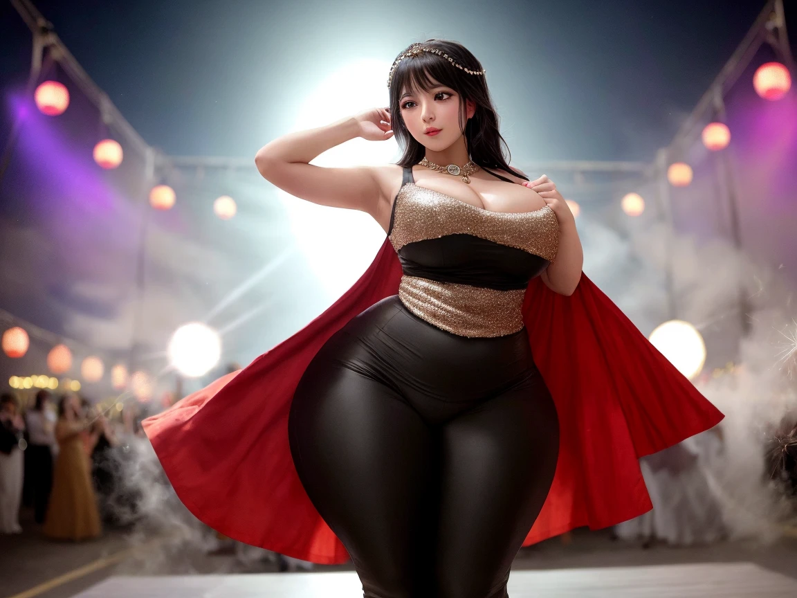 araffe dressed in a red dress and a red cape, dressed in a beautiful red cloak, thicc, bbwchan, mighty plump female sorceress, fully clothed in red robes, giant stunning goddess shot, japanese goddess, bright red cape on her back, oppai, with cape, wearing a red cape, red cape, red cloak, bbwchan. Thigt clothes, black room