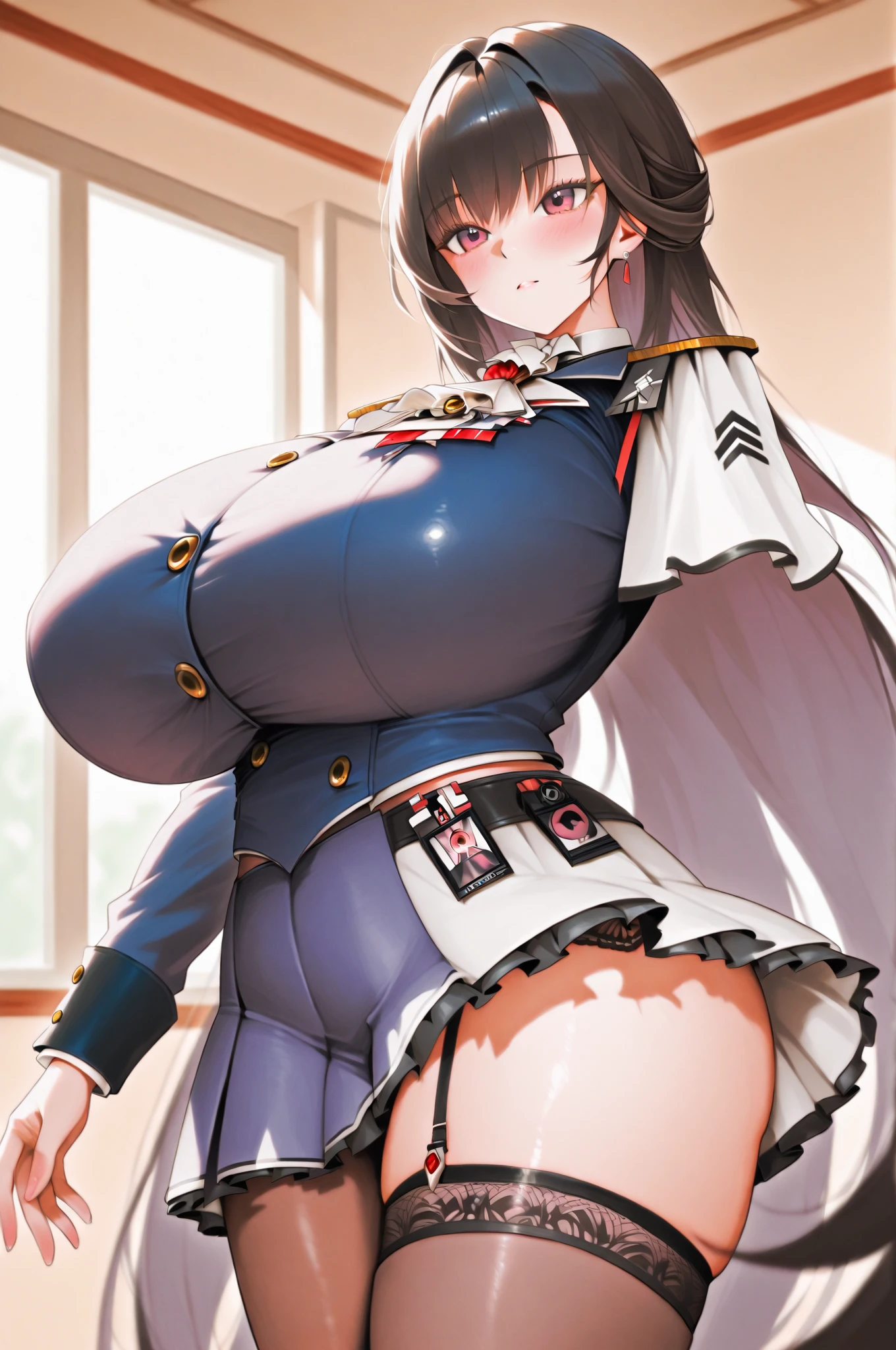 masterpiece, Highest quality, In detail, High resolution, Very delicate and beautiful,alone,Posing,Aggressive,Large Breasts,thick thighs black army uniform, Epaulettes, thigh boots, army uniform, army, uniform, belt, Shorts, boots, Earrings, jewelry, gloves, Knee socks, military cap,(Huge breasts), Tight waist, (Huge thighs) , Simple Background,邪悪なsmile, smile, Evil Face, Mischievous face,(Top Gravure Model),(Highest quality,High resolution,masterpiece:1.2),Super detailed,Vibrant colors,View here,Beautiful Woman、Beautiful shiny skin,完璧なBeautiful Woman