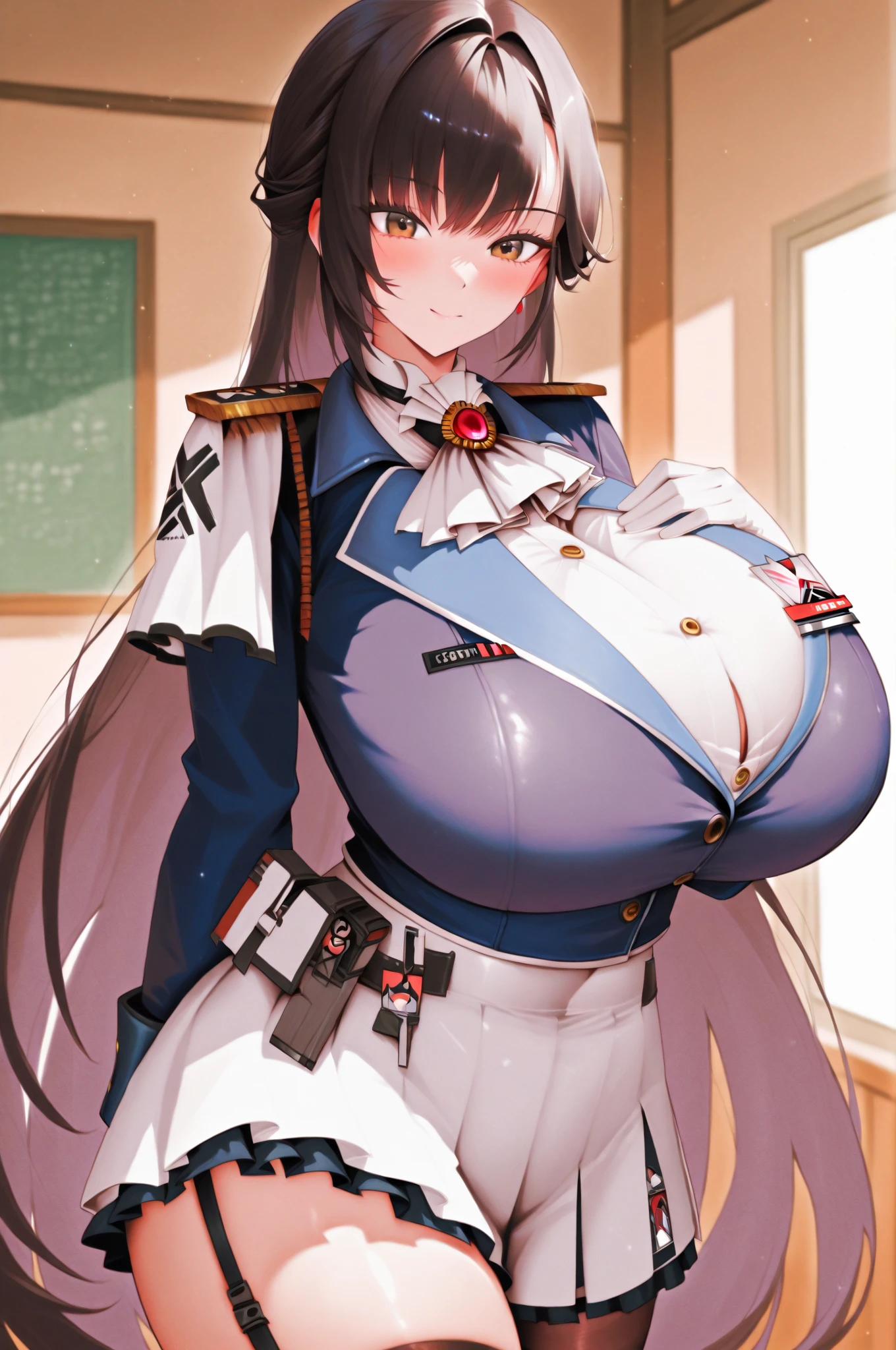 Hentai、High resolution、A faint smile、Focus on people、A plump female teacher with huge breasts makes a sex appeal on the podium、Perfect proportions、Cowboy Shot、Plump Cheeks、Out of the ordinary, overwhelmingly huge breasts、Fatty legs、Erect nipples、Exposing pussy、Clear eyes、Sweaty