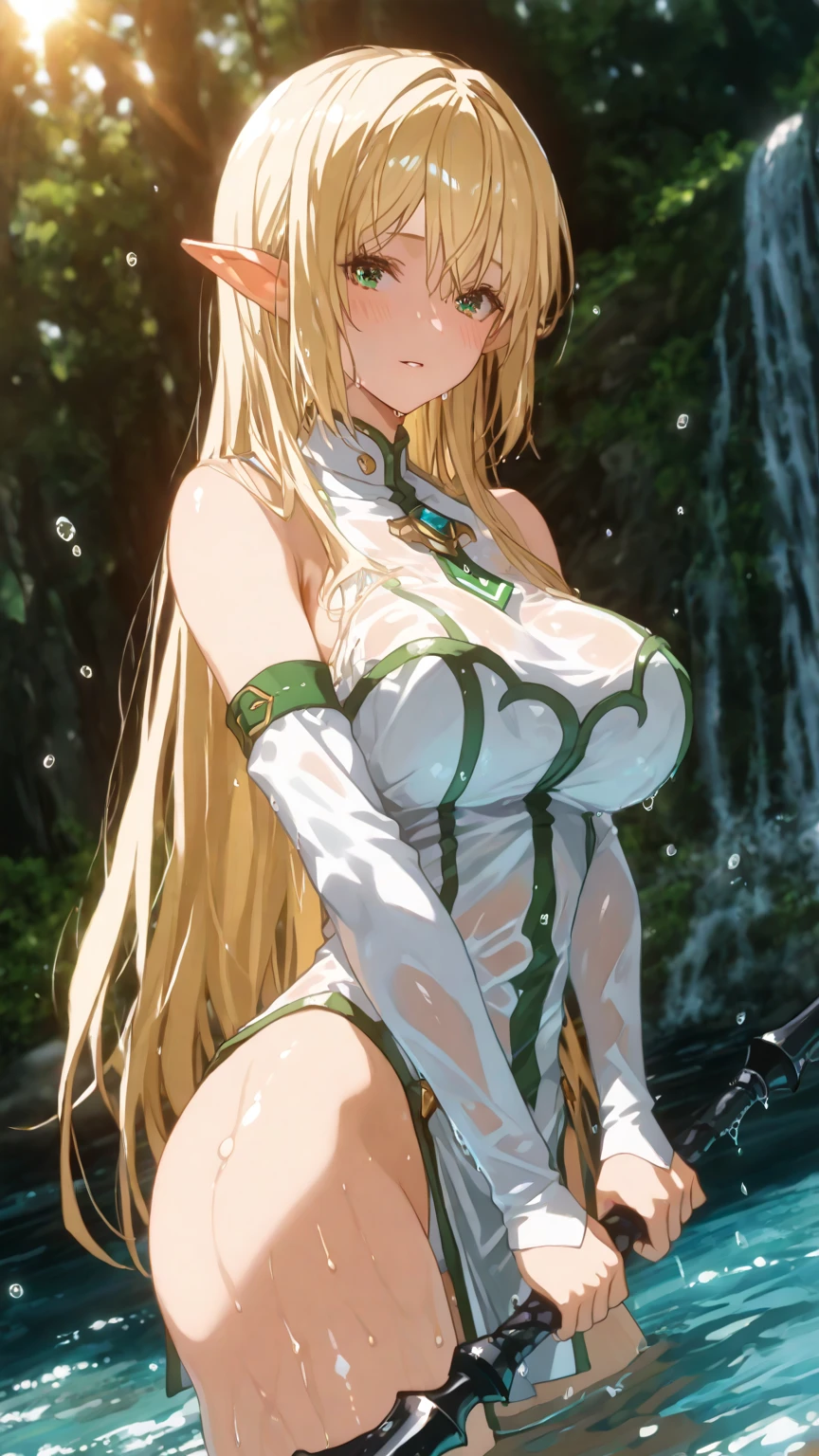 score_9, score_8_up, score_7_up,,BREAK source_anime, from side,,breast front view,standing,,medium shot,looking_at_viewer,1girl, celes chere, final fantasy.blonde hair, blue eyes, (ultra micro bikini,green bikini),large breasts,cleavage,pointy breasts,areolae peek,, white cape, vambraces,bracer, very long hair, bangs, closed mouth,.tundere,,, (best quality),(aesthetic,very aesthetic),masterpiece, highres, (anime screenshot:0.5),contrapost,graceful posture,lean but curvy body, slender waist, round hips, willowy limbs,arms in sides,