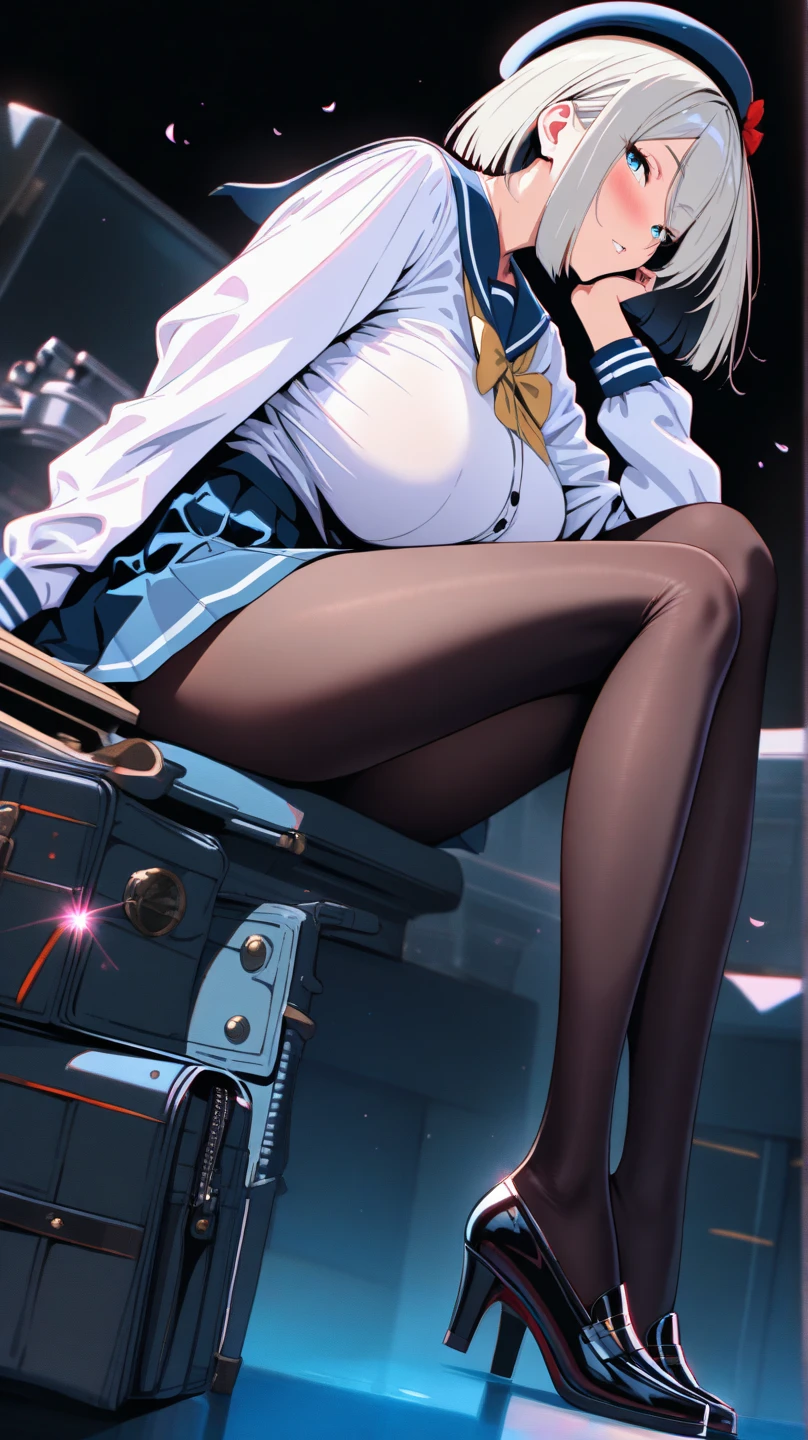 "1 girl, incredibly detailed 8k computer graphics, perfect model, mesmerizing idol, Stunning face, unearthly beauty, virgin white hair, ring braids, Charming Blue Eyes, White shirt, pleated gray skirt, brown tights, lean on the table , whole body, legs spread, pussy visible, thong mesh, unbutton your shirt, bare chest, Background room, maximally depraved, back view