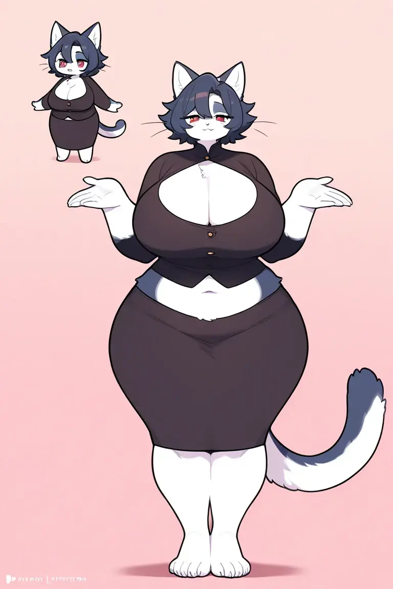 (((character is grayscale))), character reference sheet styled image with 1 consistent same character, center full front facing/side/behind separate views of the same single character broken up into 3 panels of the image like a 360 degree view for a character, same single character in every panel, (((all the same single character))), smaller waist, fuller thighs, wider hips, round full butt, smaller torso, more narrow torso, a bit thinner body, thin but soft body, narrower body, thinner/slimmer calves, humanoid, 5 foot 4 inches tall, nude, (((all black body))), solid black body, no fur pattern or multiple colors, (((black fur))), (((black body))), (((black inner body))), (((solo))), 1 character only, single character subject, female, hair, fullbody view, full body picture head to toe, (((detailed eyes))), silver iris, apartment, golden hour, plants, (((by bebebebebe))), by buta99, by pgm300, by kishibe, by suurin 2, by sindoll, by secretly saucy, by ANUKI_ex, (((dark grey hair))), (((wavy hair))), (((no fur pattern))), (((all black body))), (((black body))), feline, black cat, fluffy cat ears with white tufts of fur on the tips, glasses (((dark grey eyes))), open mouth, grey mouth, front view facing camera, humanoid, (((messy hair))), short hair, messy ponytail, (((white freckles on her thighs back and arms))), (((white freckles))), no fluids, (((zzzz-cup size breasts))), (((very large heavy swollen breasts))), (((inverted nipples))), puffy nipples, squishy nipples, squishy breasts, overfilling swollen breasts, (((gigantomastia))), macromastia, breast hypertrophy, (((black breasts))), (((black chest))), (((white nipples))) (((nipples and areoles are white))), innie vagina, long soft looking feline tail, subtly digitigrade with soft looking feline footpaws