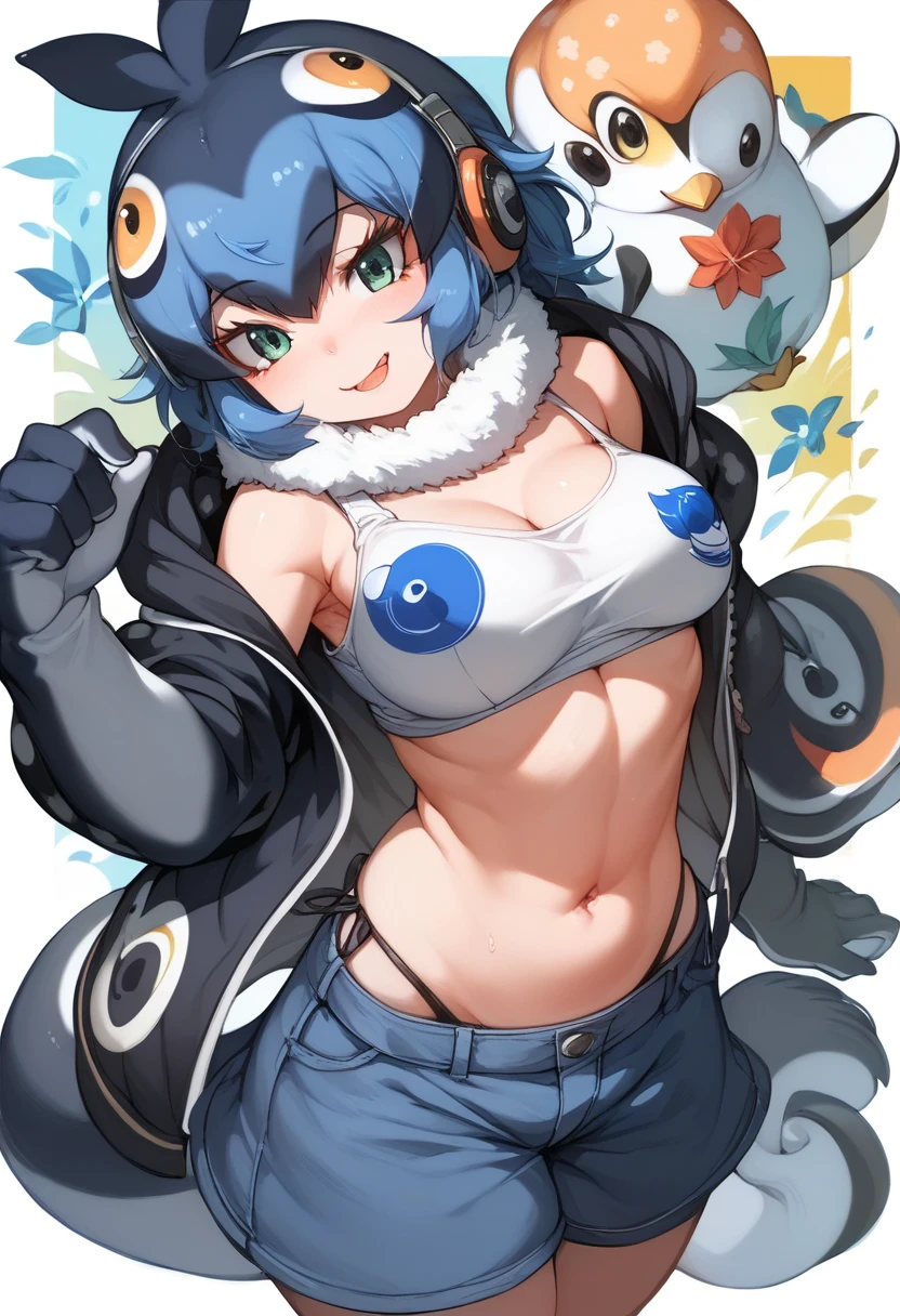 Girl, short blue hair, green-yellow eyes, cat ears, blue cat tail, big breasts, exposed belly, short pants.