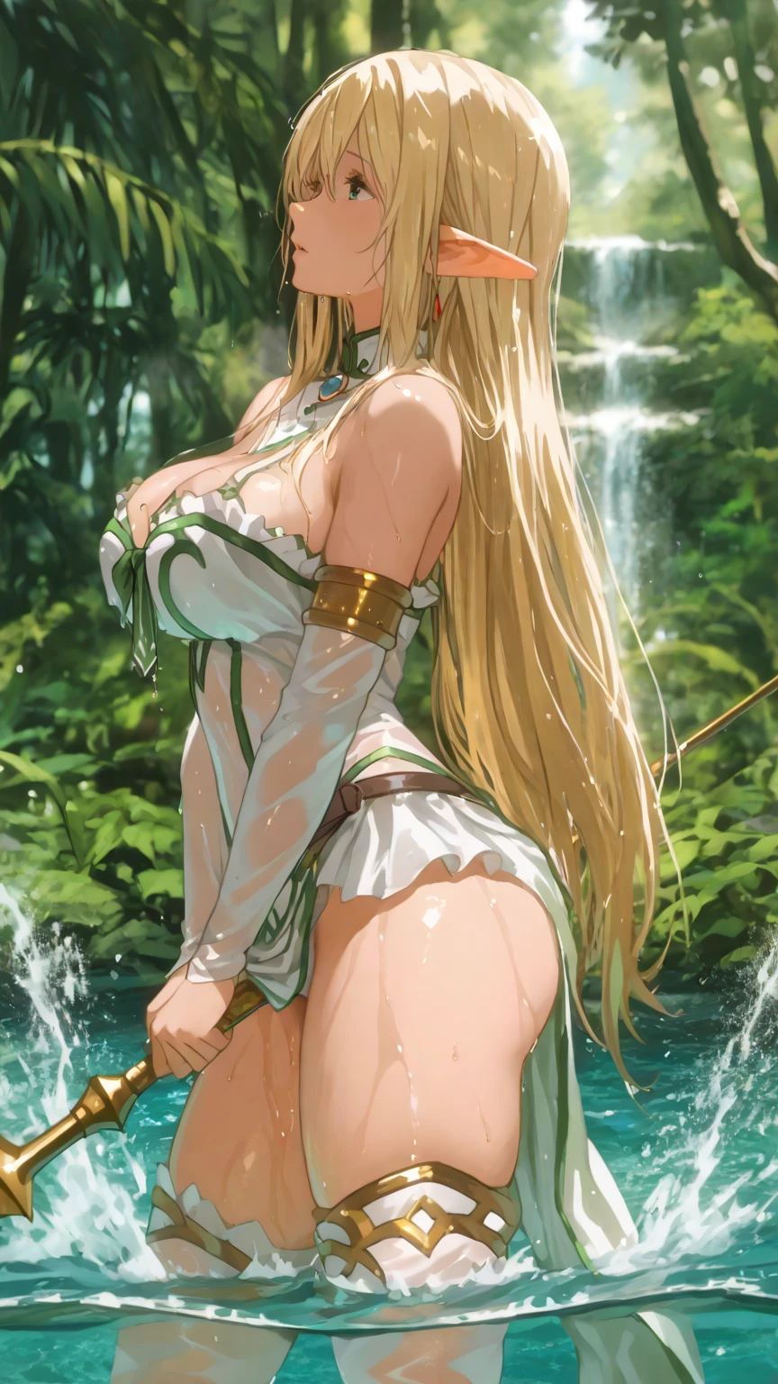 (masterpiece), best quality, expressive eyes, perfect face,1girl,nahida,long hair,big breasts,gold string bikini,blush,smiles,lake,waterfall,breast hold,wet,standing,looking from back,ass,big ass